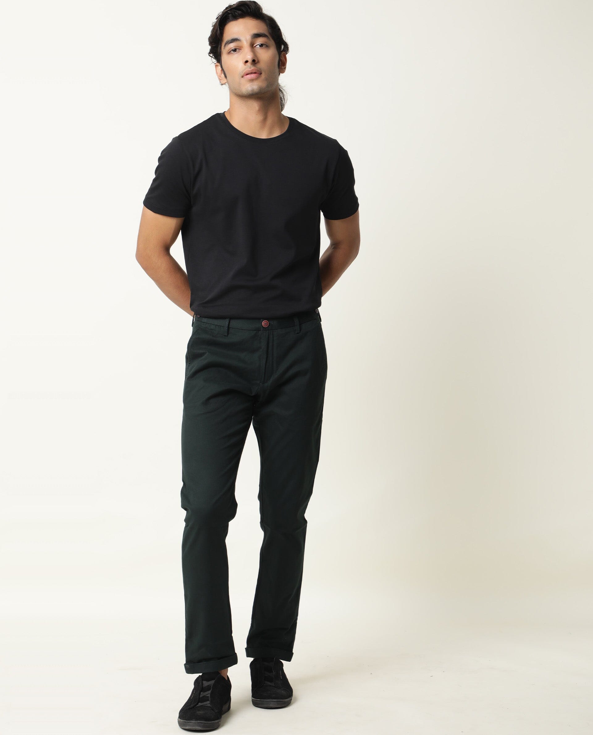 Rare Rabbit Men's Trews-22 Green Solid Mid-Rise Regular Fit Trouser