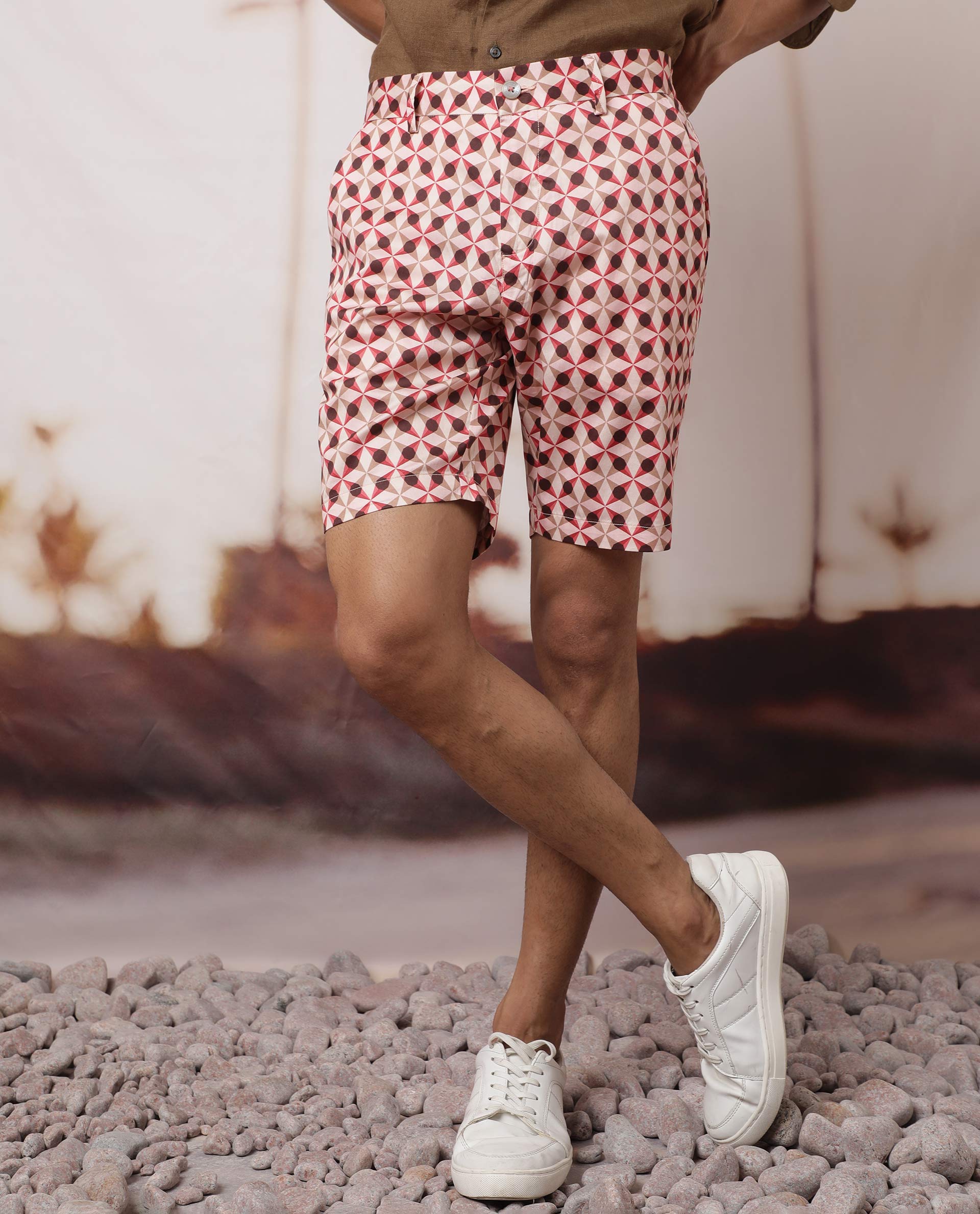 Rare Rabbit Men's Stany Pink Cotton Fabric Button & Zip Closure Slim Fit Mid Rise Geometric Print Shorts