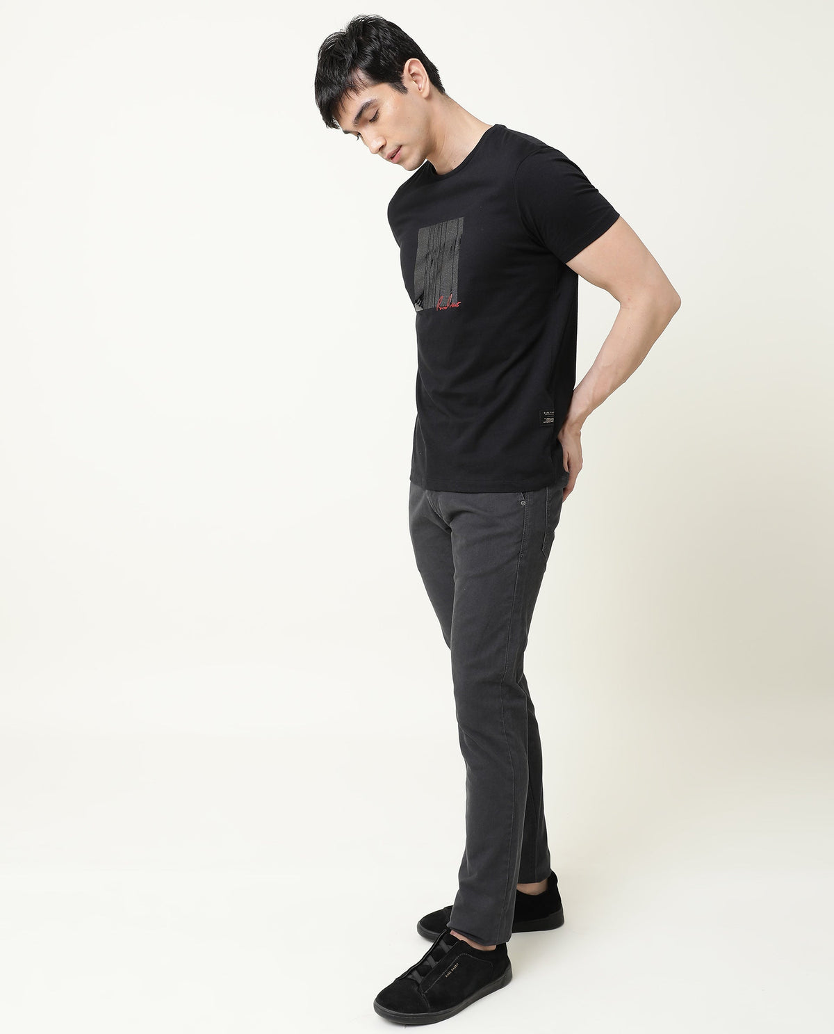 Rare Rabbit Spal Primary Black Crew Neck Graphic Printed Half Sleeves Slim Fit T-Shirt