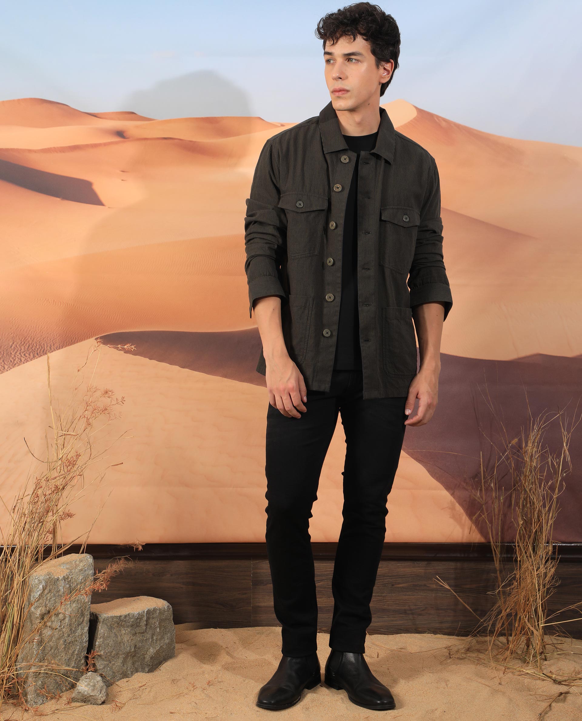 Rare Rabbit Men'S Trexon Olive Jacket Cotton Linen Fabric Mandarin Collar Full Sleeves Button Closure