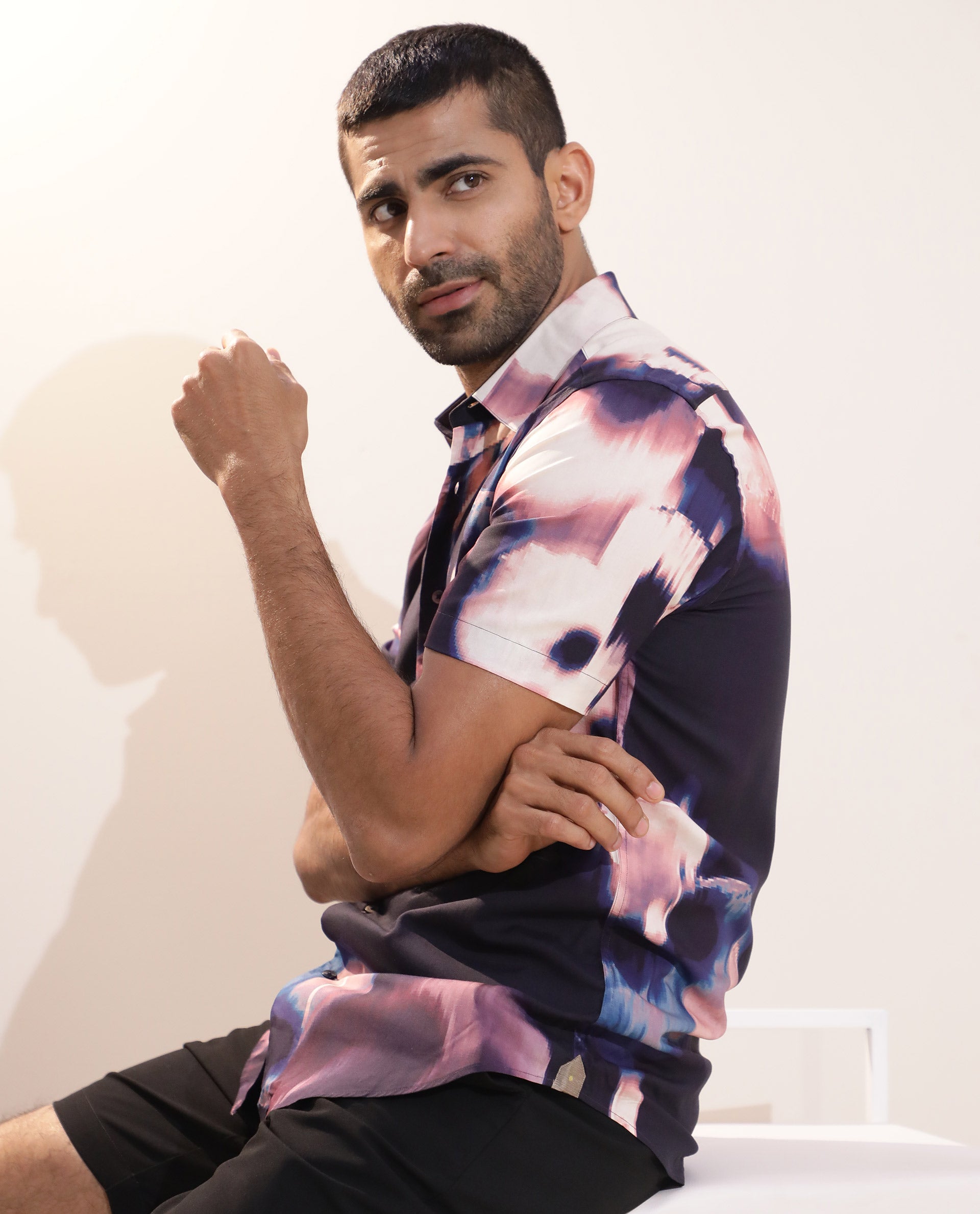 Rare Rabbit Men's Torio Navy Viscose Fabric Abstract Floral Print Half Sleeves Shirt