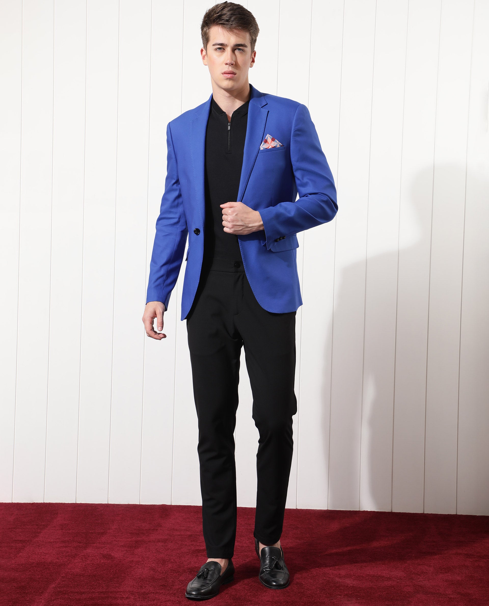 Rare Rabbit Men's Bart Blue Polyester Viscose Fabric Notch Lapel Single Breasted Tailored Fit Solid Blazer