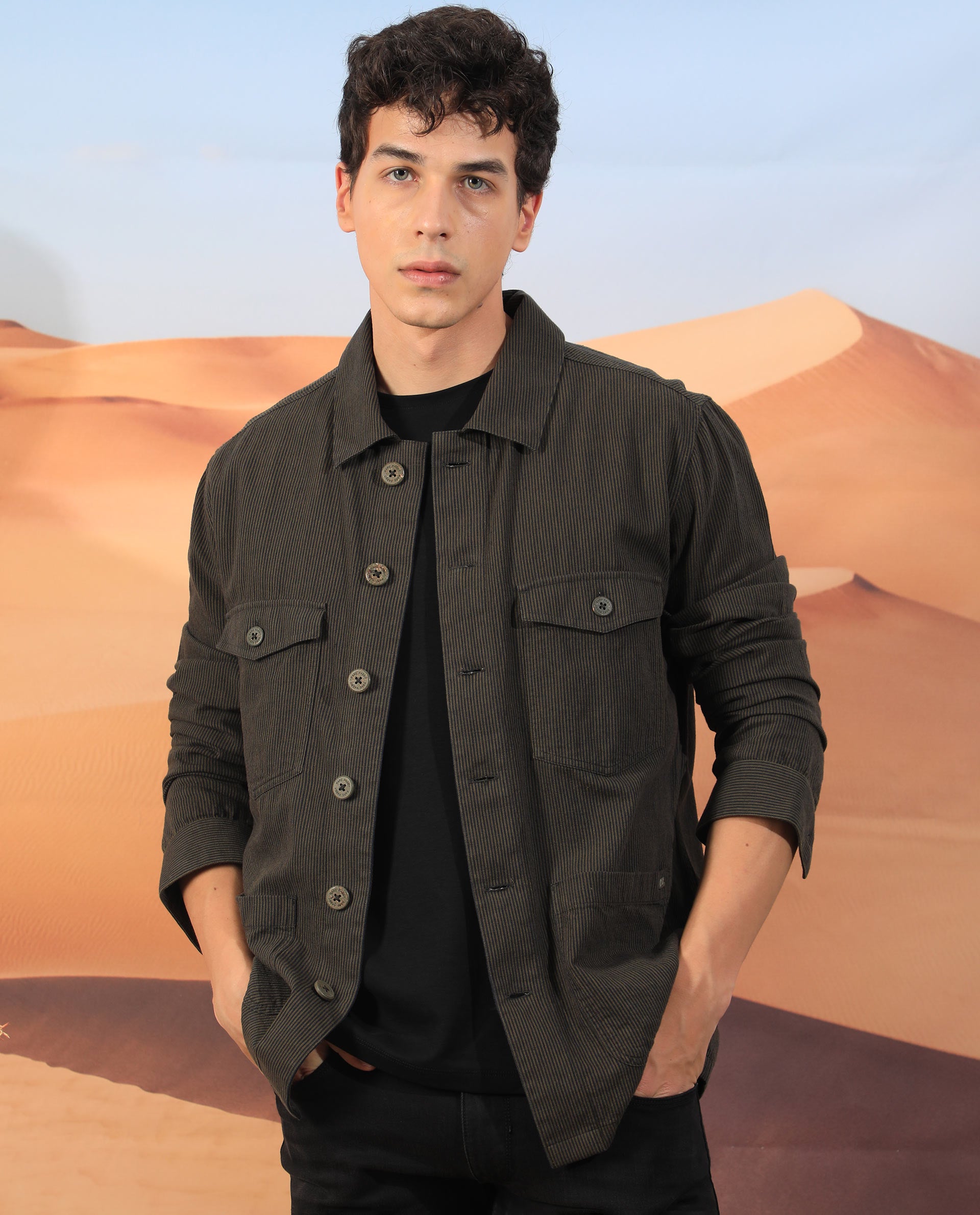 Rare Rabbit Men'S Trexon Olive Jacket Cotton Linen Fabric Mandarin Collar Full Sleeves Button Closure