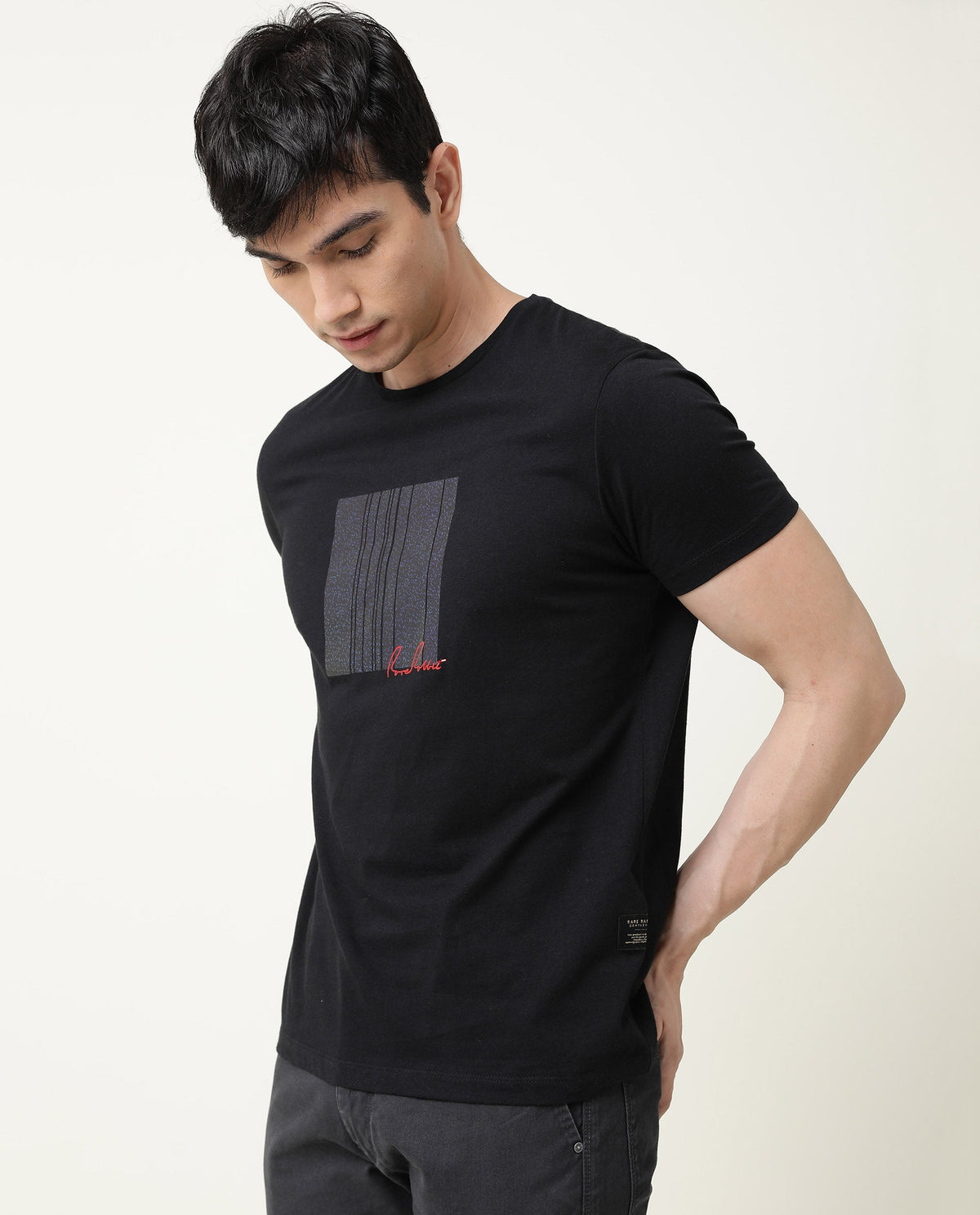Rare Rabbit Spal Primary Black Crew Neck Graphic Printed Half Sleeves Slim Fit T-Shirt