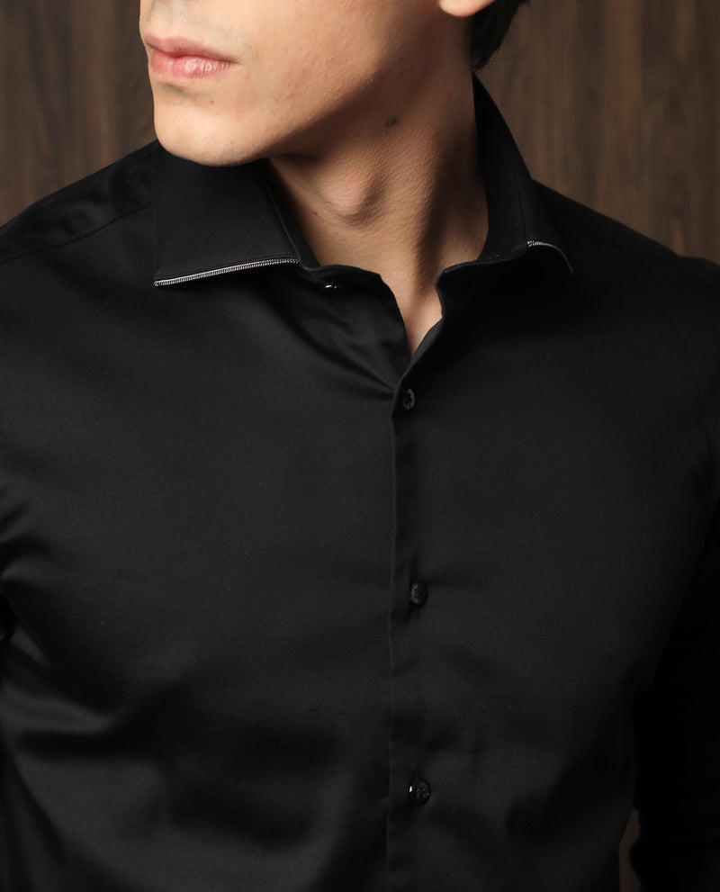 Rare Rabbit Men's Dario Black Cotton Fabric Full Sleeves Solid Shirt