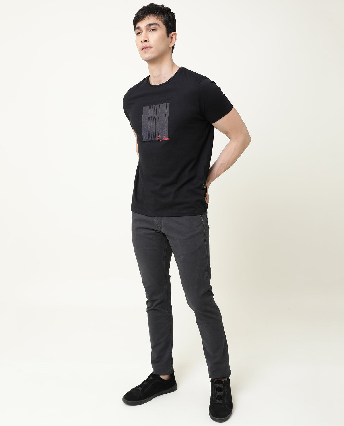 Rare Rabbit Spal Primary Black Crew Neck Graphic Printed Half Sleeves Slim Fit T-Shirt