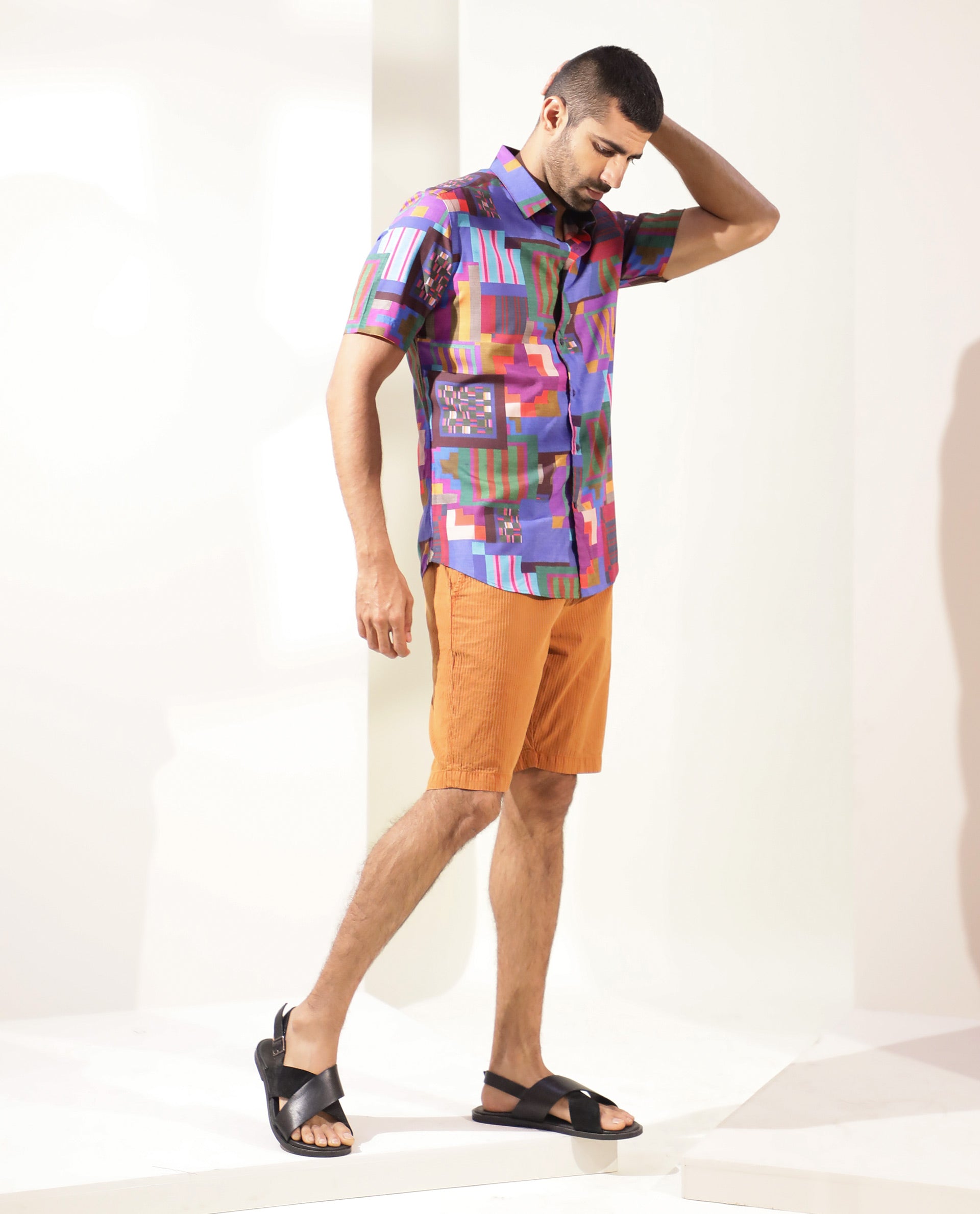 Rare Rabbit Men's Circon Multi Viscose Fabric Half Sleeves Geometric Print Shirt