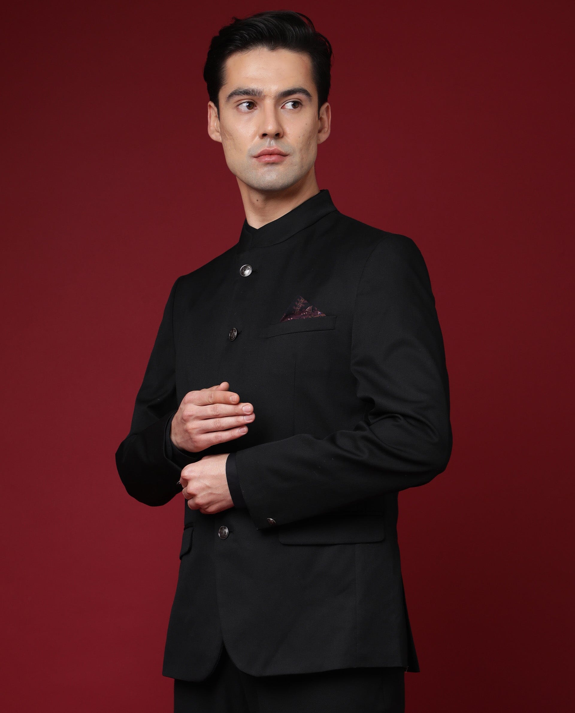 Rare Rabbit Men's Aero Black Polyester Viscose Fabric Mandarin Collar Full Sleeves Button Closure Tailored Fit Bandhgala