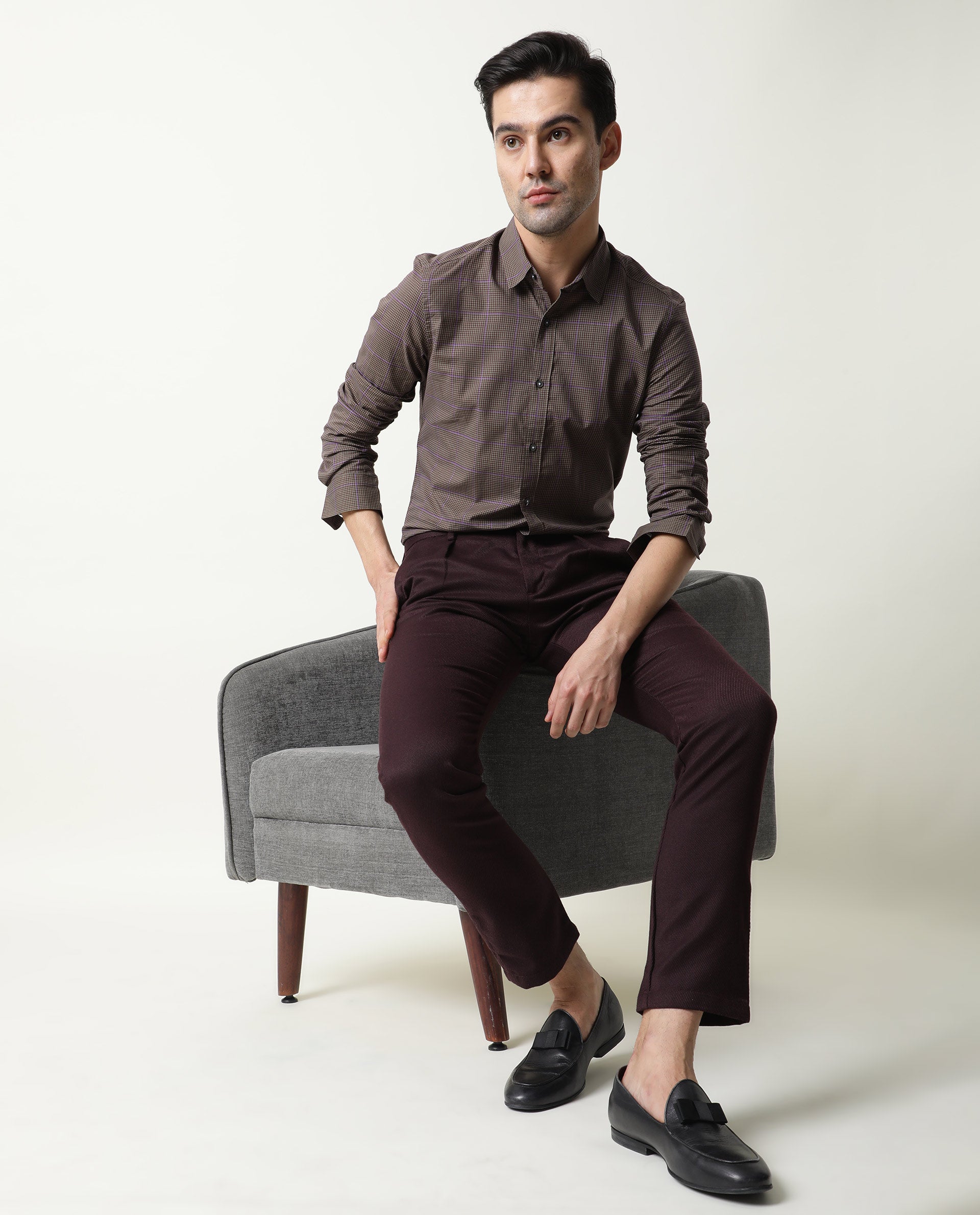 Rare Rabbit Men's Edit Dark Maroon Poly Viscose Fabric Slim Fit Button & Zip Closure Trouser