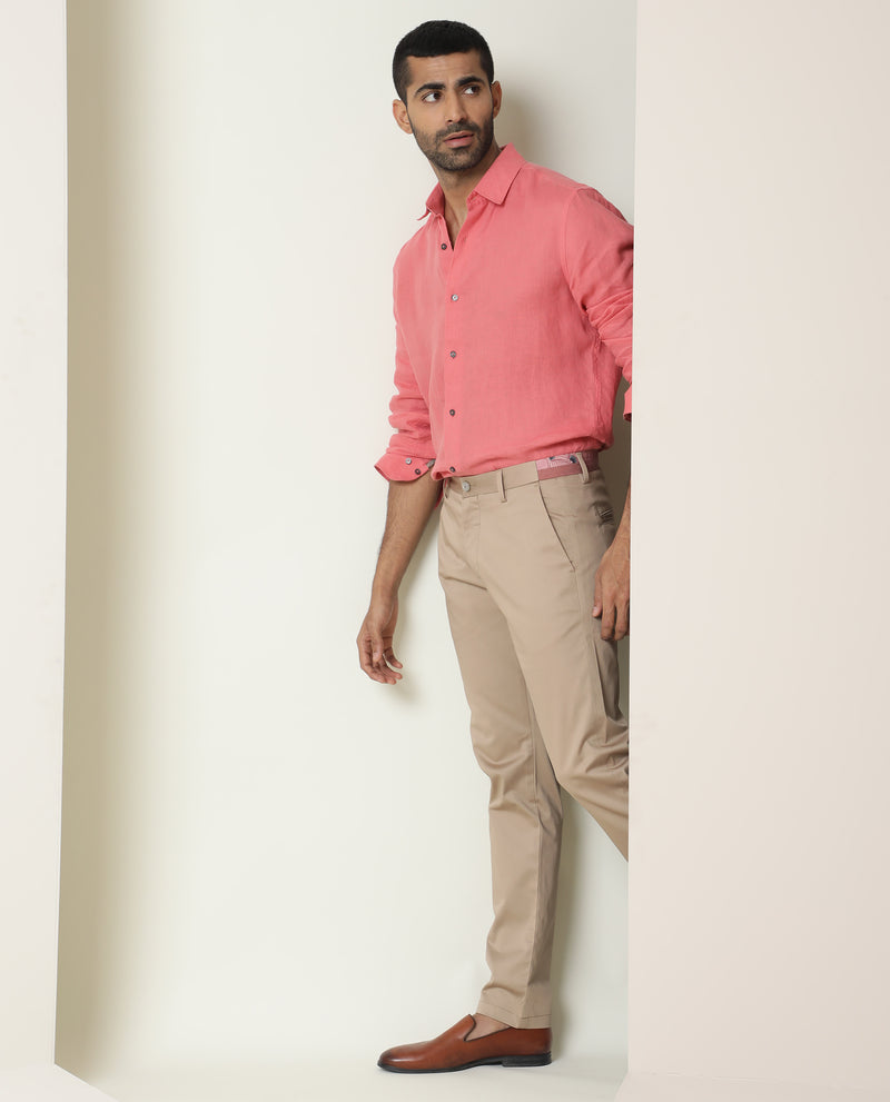 Rare Rabbit Men's Lenin Pink Linen Fabric Full Sleeves Solid Shirt