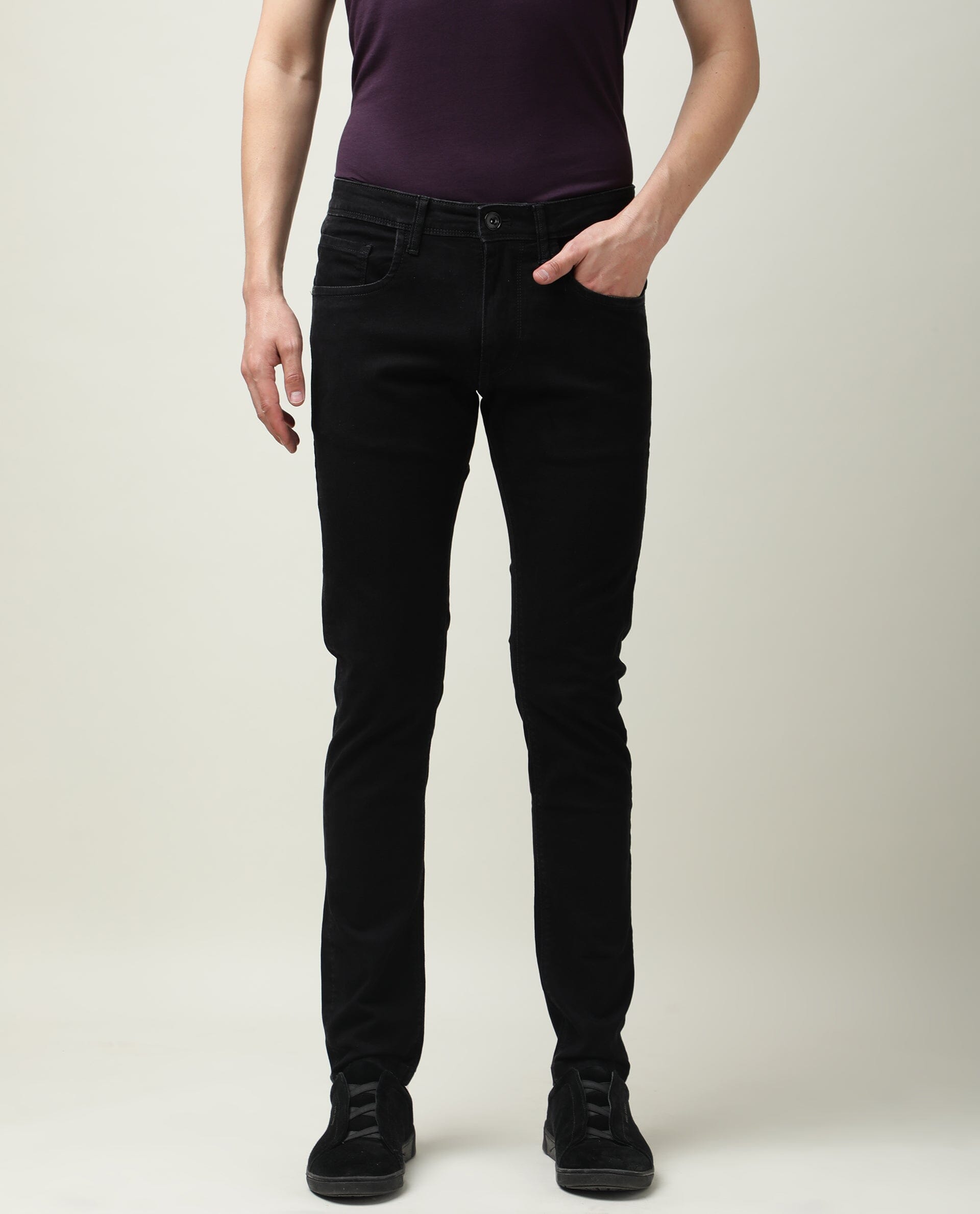 Rare Rabbit Men's Double Black 2 Black Rinse Wash Mid-Rise Slim Fit Jeans