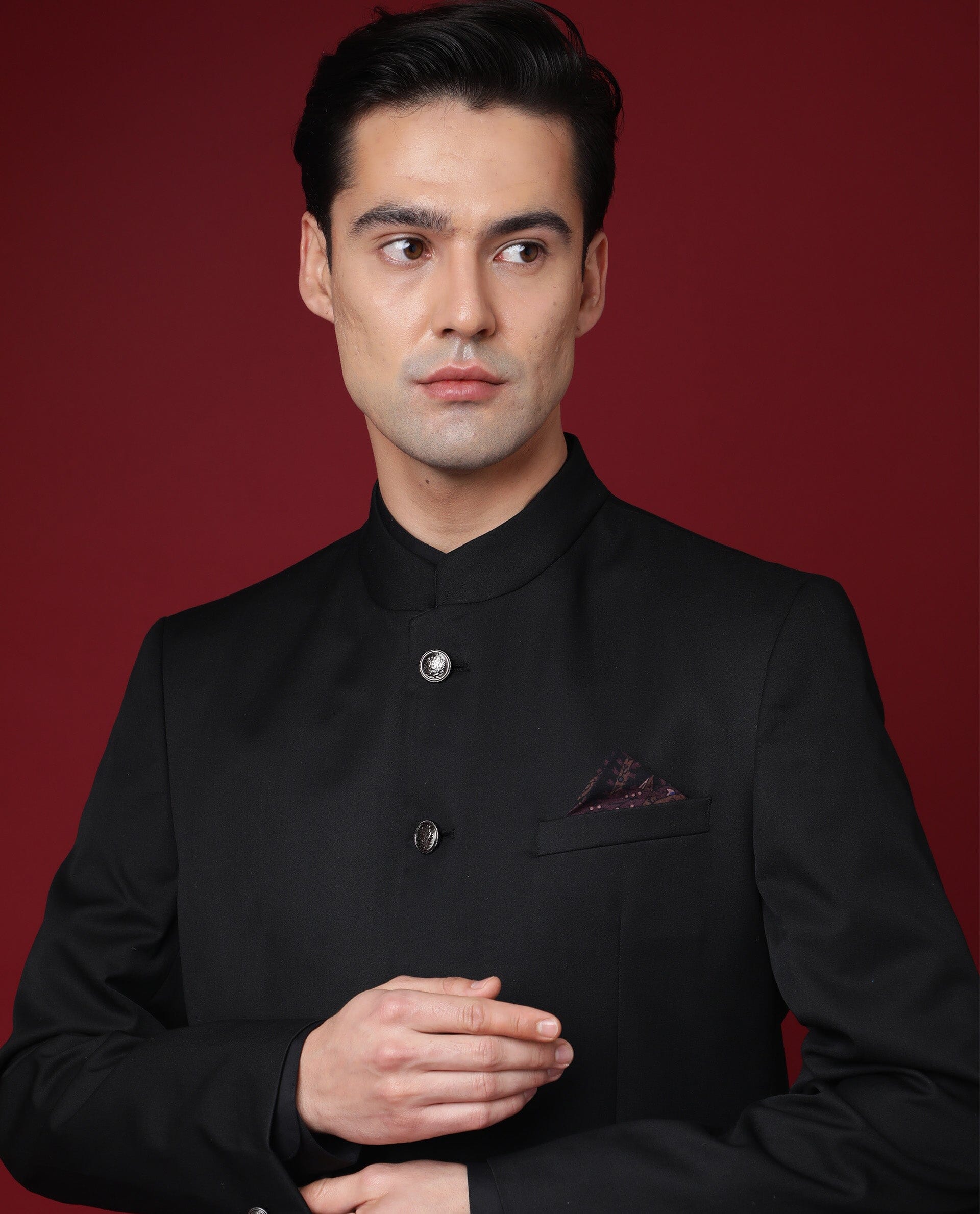 Rare Rabbit Men's Aero Black Polyester Viscose Fabric Mandarin Collar Full Sleeves Button Closure Tailored Fit Bandhgala