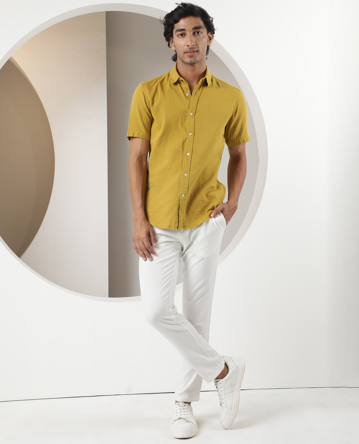 Rare Rabbit Men's Lay Yellow Cotton Fabric Half Sleeves Solid Shirt