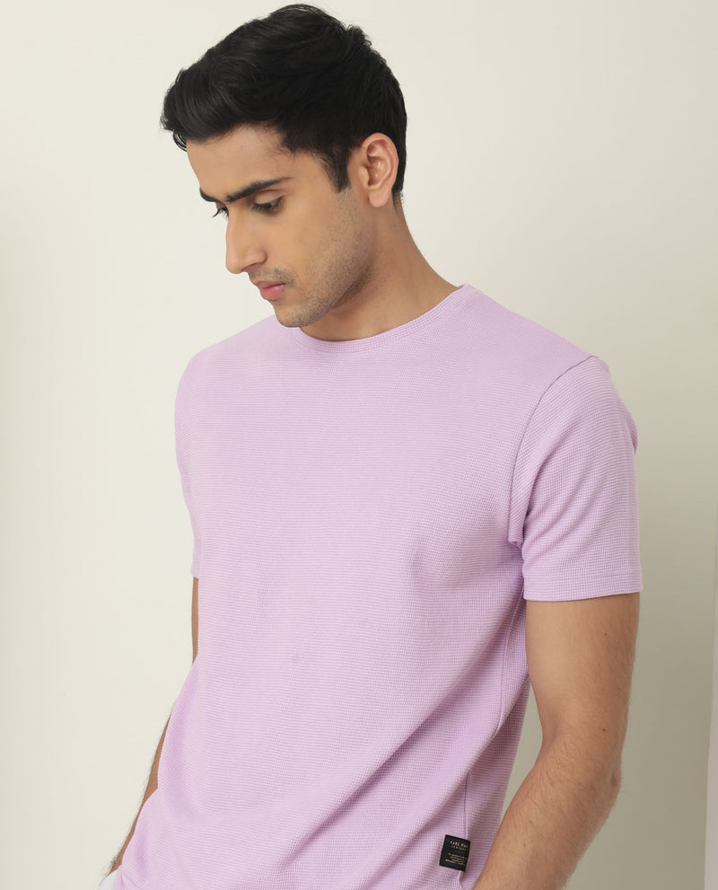 Rare Rabbit Men's Coni Pastel Purple Polyester Cotton Fabric Crew Neck Half Sleeves Regular Fit Structured Dobby T-Shirt