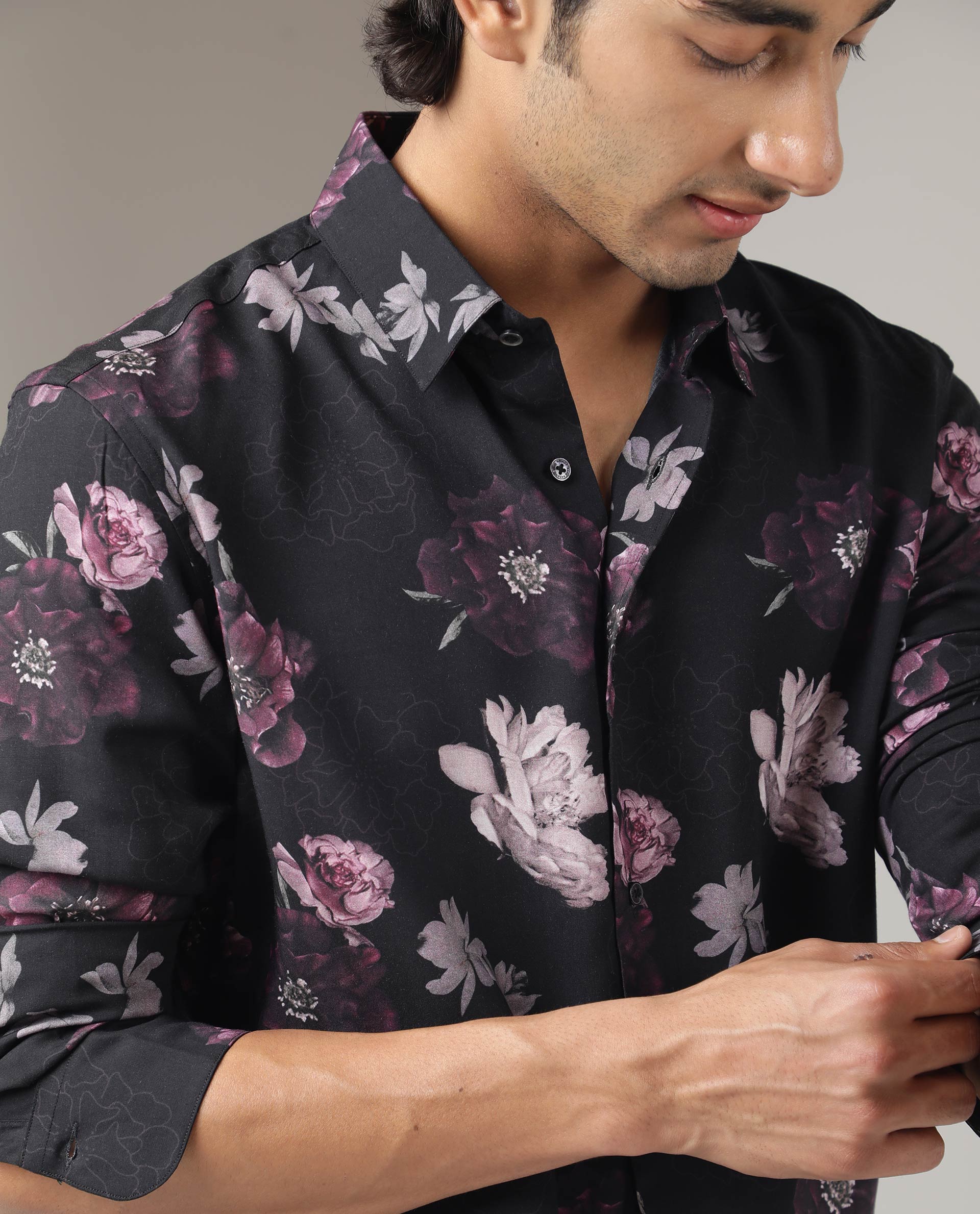 Rare Rabbit Men's Boro Purple Viscose Fabric Floral Print Full Sleeves Shirt