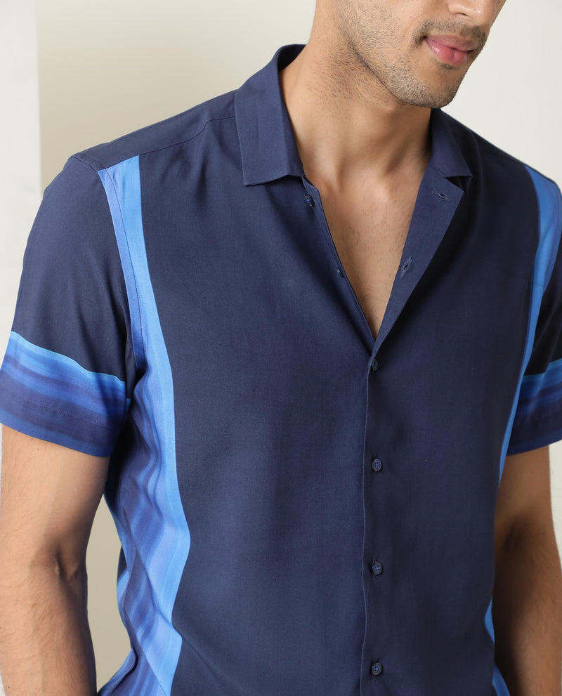 Rare Rabbit Men's Quben Navy Viscose Fabric Cuban Collar Tonal Placement Print Half Sleeves Shirt