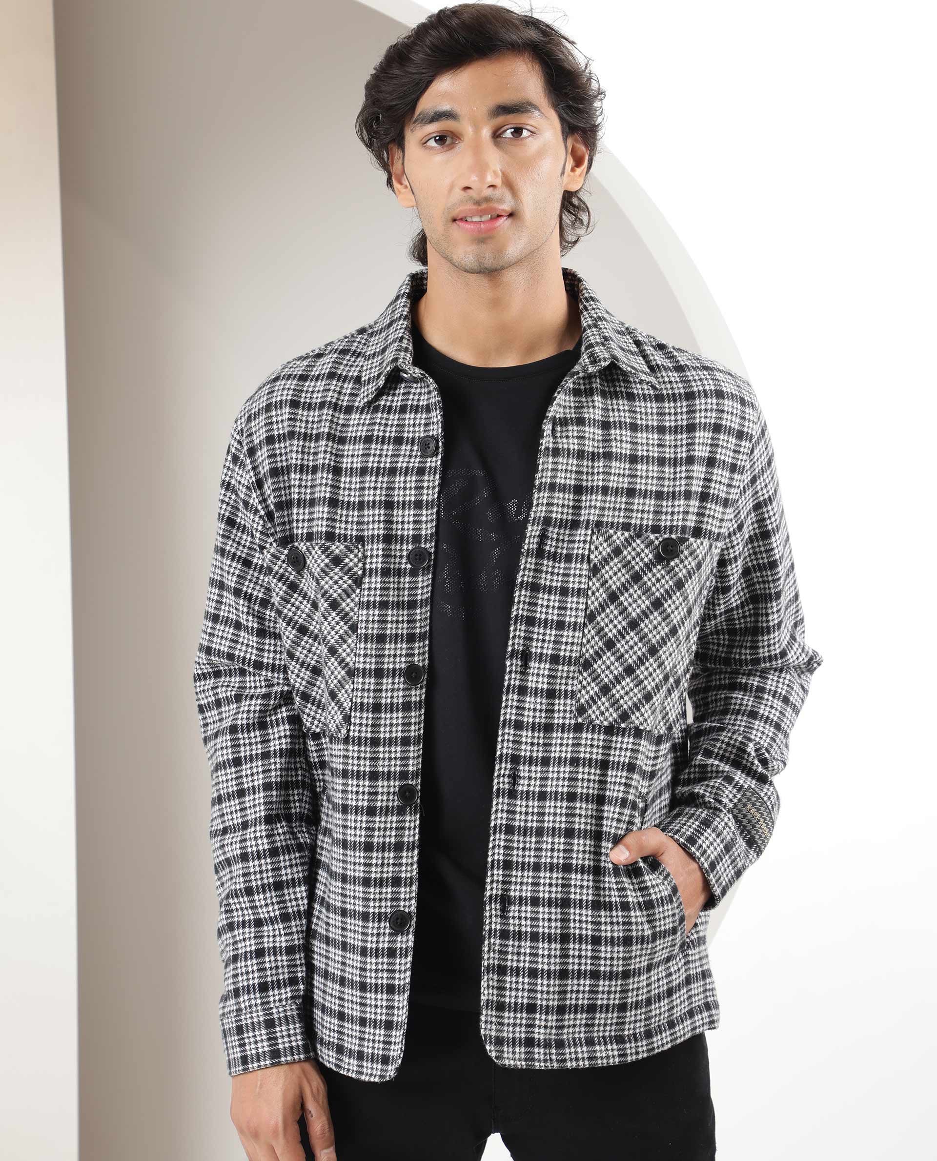 RARE RABBIT MEN'S MAXON BLACK JACKET COTTON FABRIC COLLARED NECK FULL SLEEVES BUTTON CLOSURE