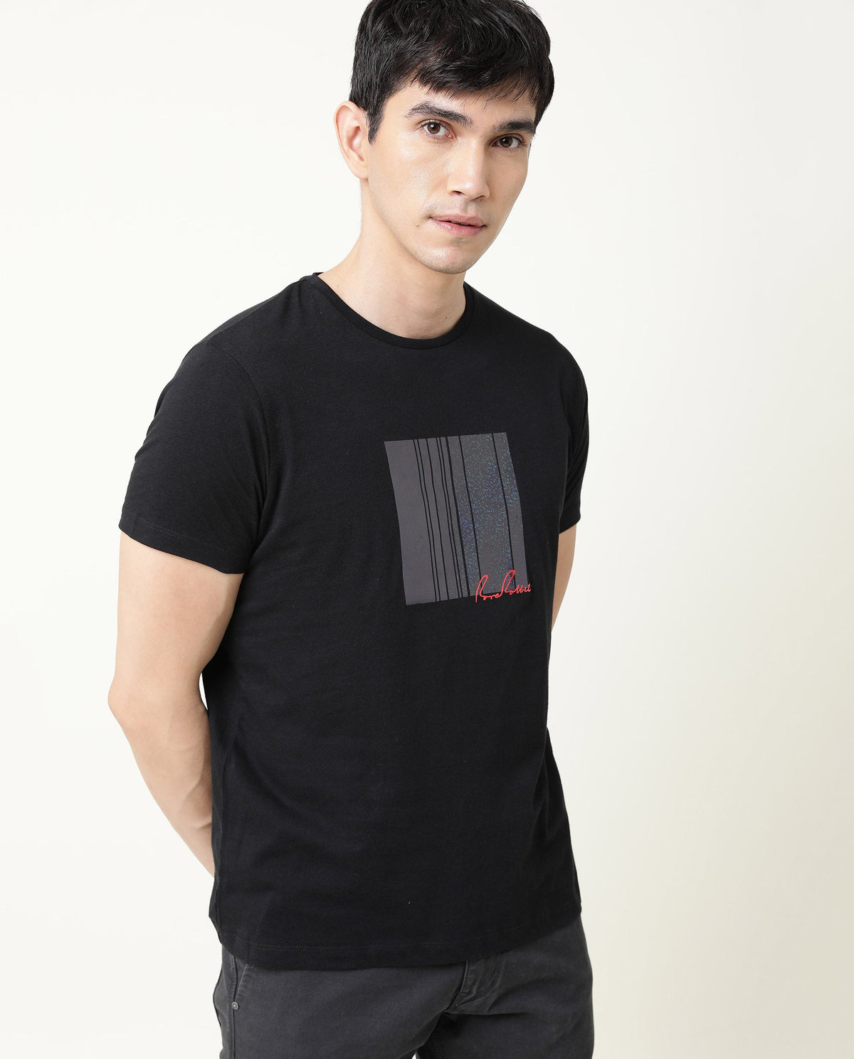 Rare Rabbit Spal Primary Black Crew Neck Graphic Printed Half Sleeves Slim Fit T-Shirt