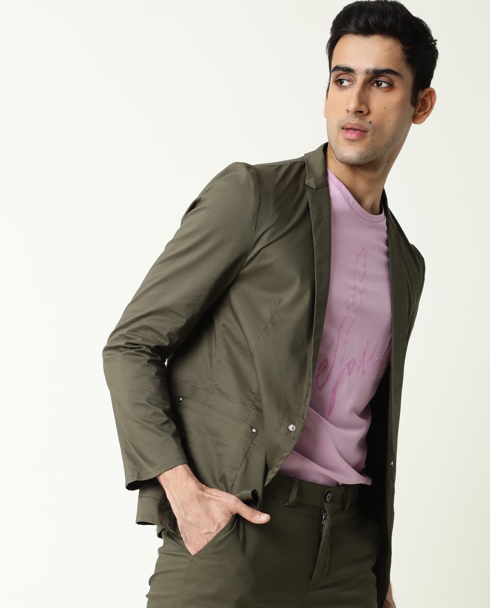 Rare Rabbit Men's Glaze Olive Viscose Plain Regular Fit Full Sleeve La