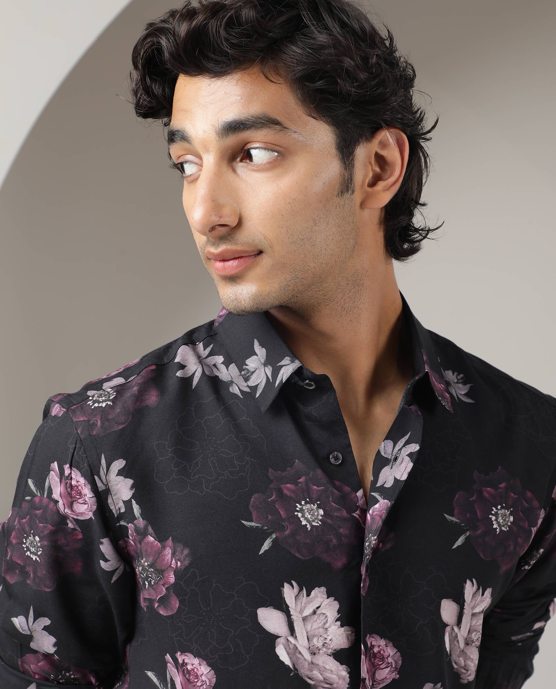 Rare Rabbit Men's Boro Purple Viscose Fabric Floral Print Full Sleeves Shirt