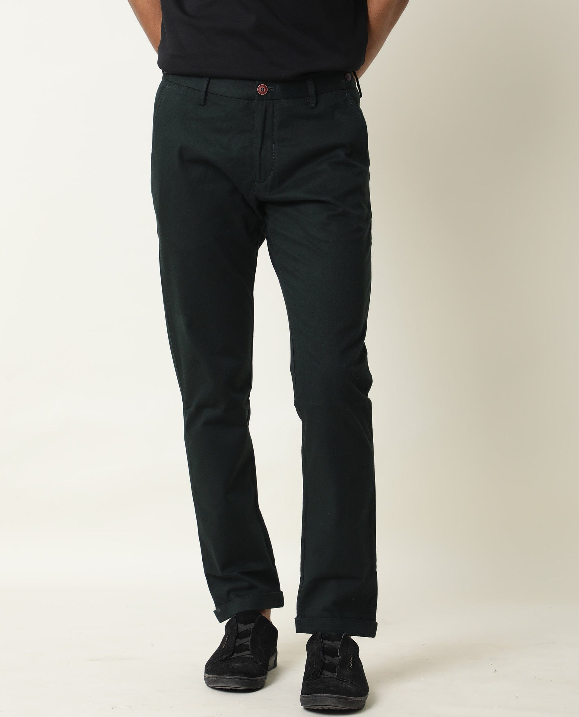 Rare Rabbit Men's Trews-22 Green Solid Mid-Rise Regular Fit Trouser