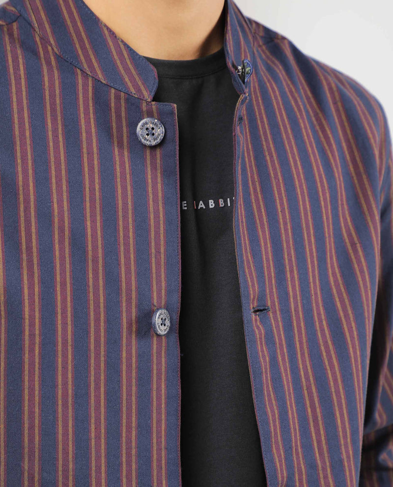 Rare Rabbit Men's Banner Navy Mandarin Collar Striped Jacket