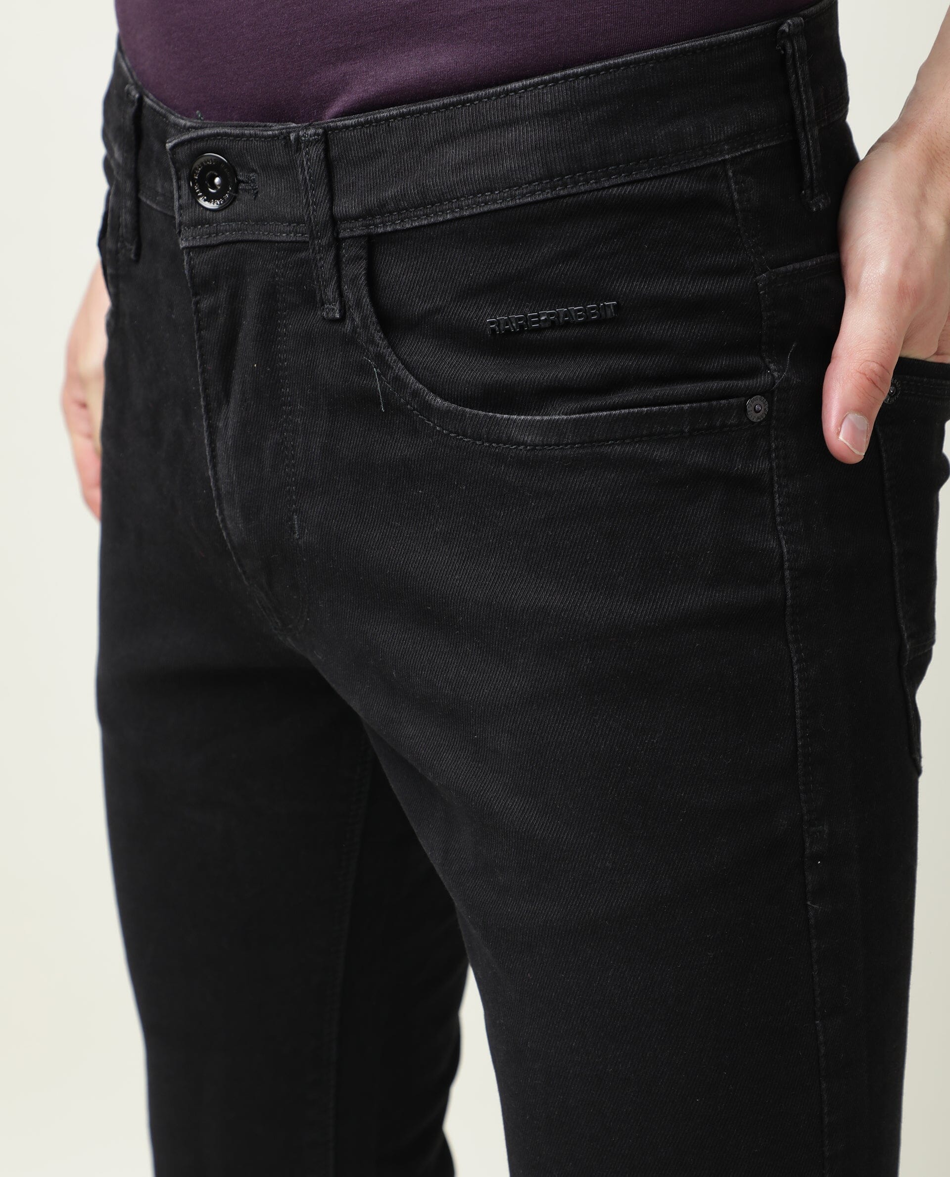 Rare Rabbit Men's Double Black 2 Black Rinse Wash Mid-Rise Slim Fit Jeans