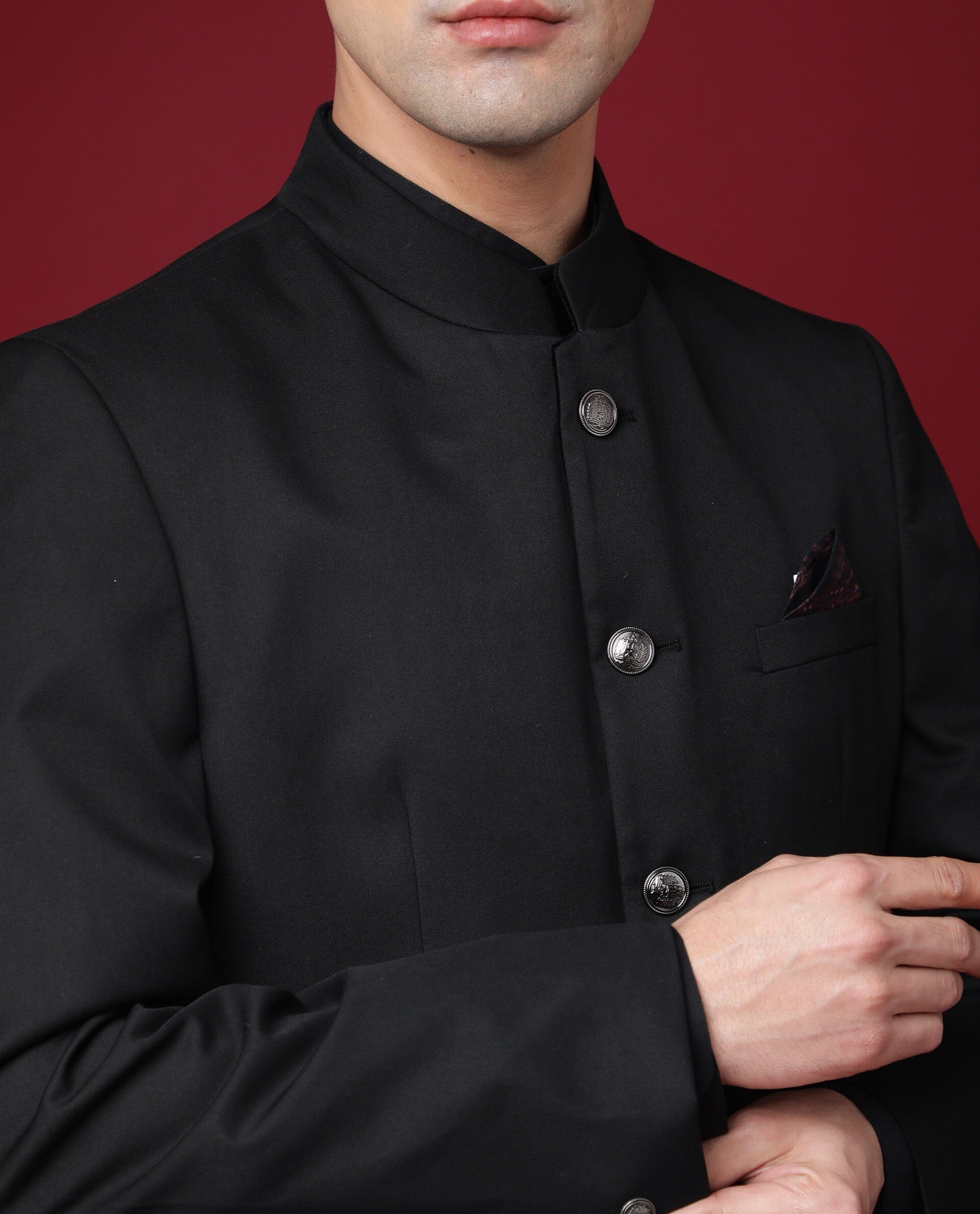 Rare Rabbit Men's Aero Black Polyester Viscose Fabric Mandarin Collar Full Sleeves Button Closure Tailored Fit Bandhgala