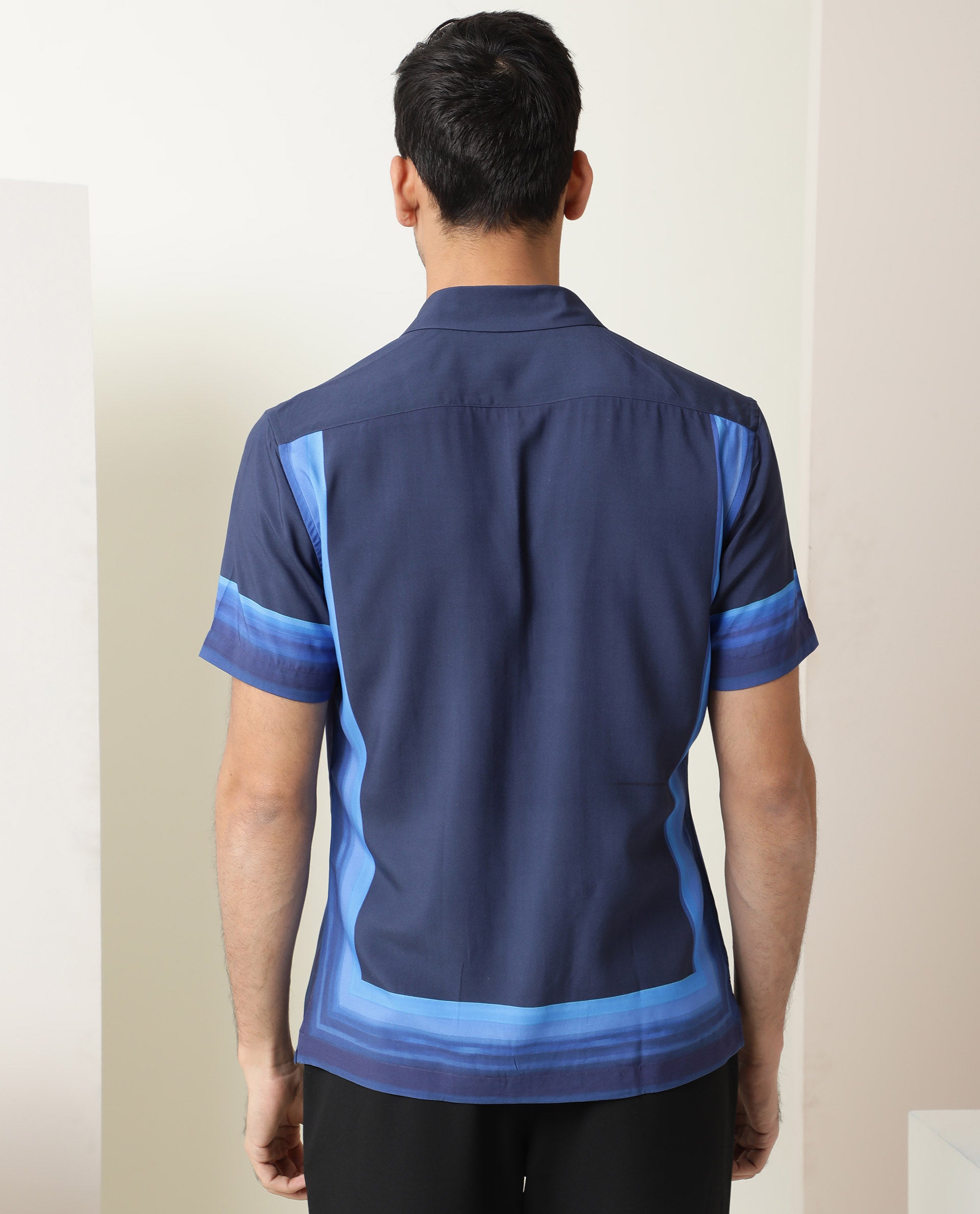 Rare Rabbit Men's Quben Navy Viscose Fabric Cuban Collar Tonal Placement Print Half Sleeves Shirt