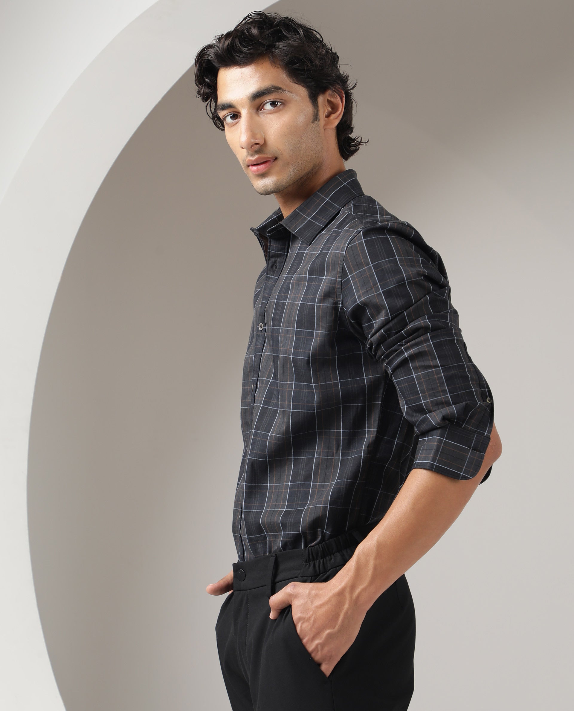 Rare Rabbit Men's Lancelot Grey Cotton Fabric Full Sleeves Checks Shirt