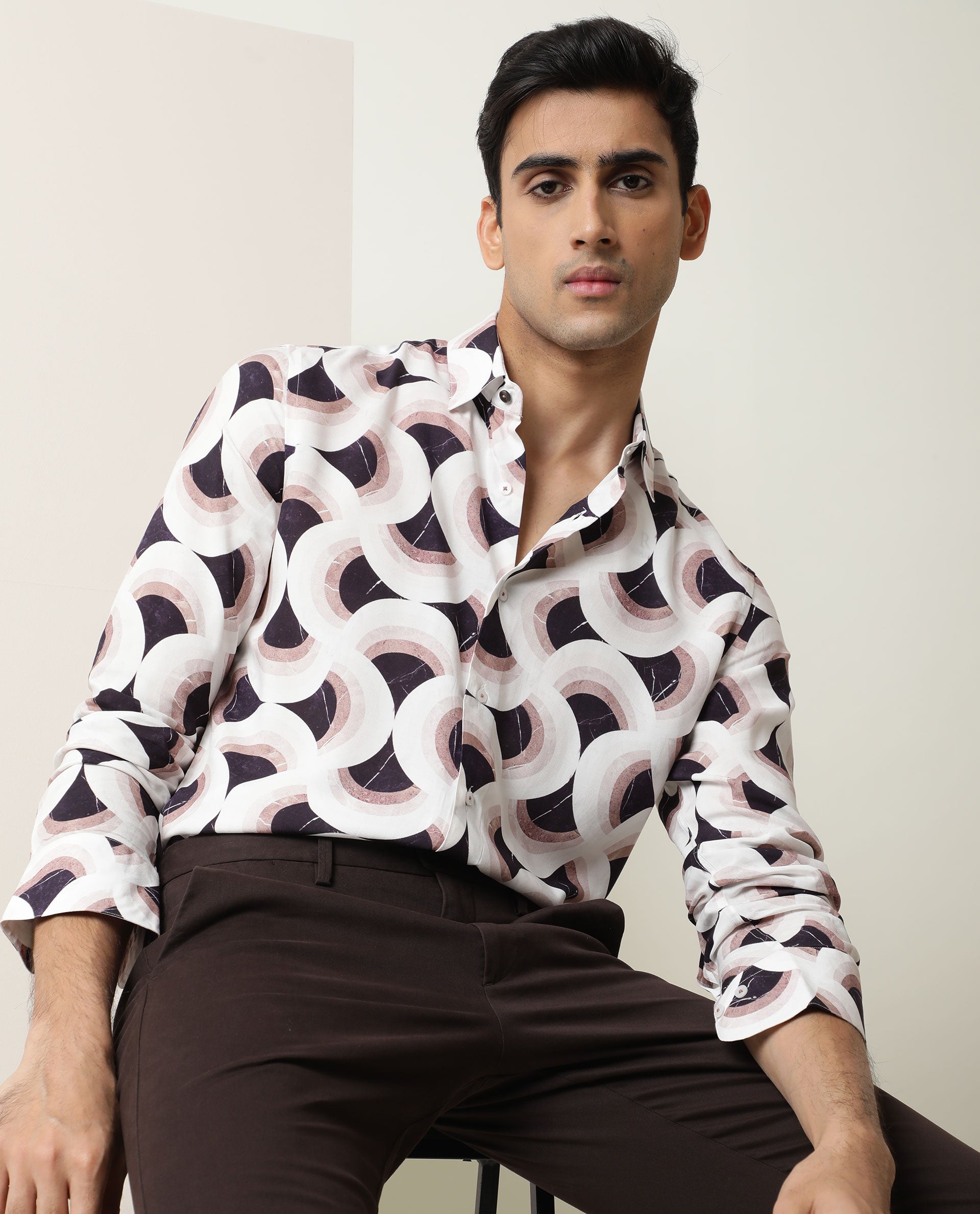 Rare Rabbit Men's Febug Off White Viscose Fabric Geometric Print Full Sleeves Shirt