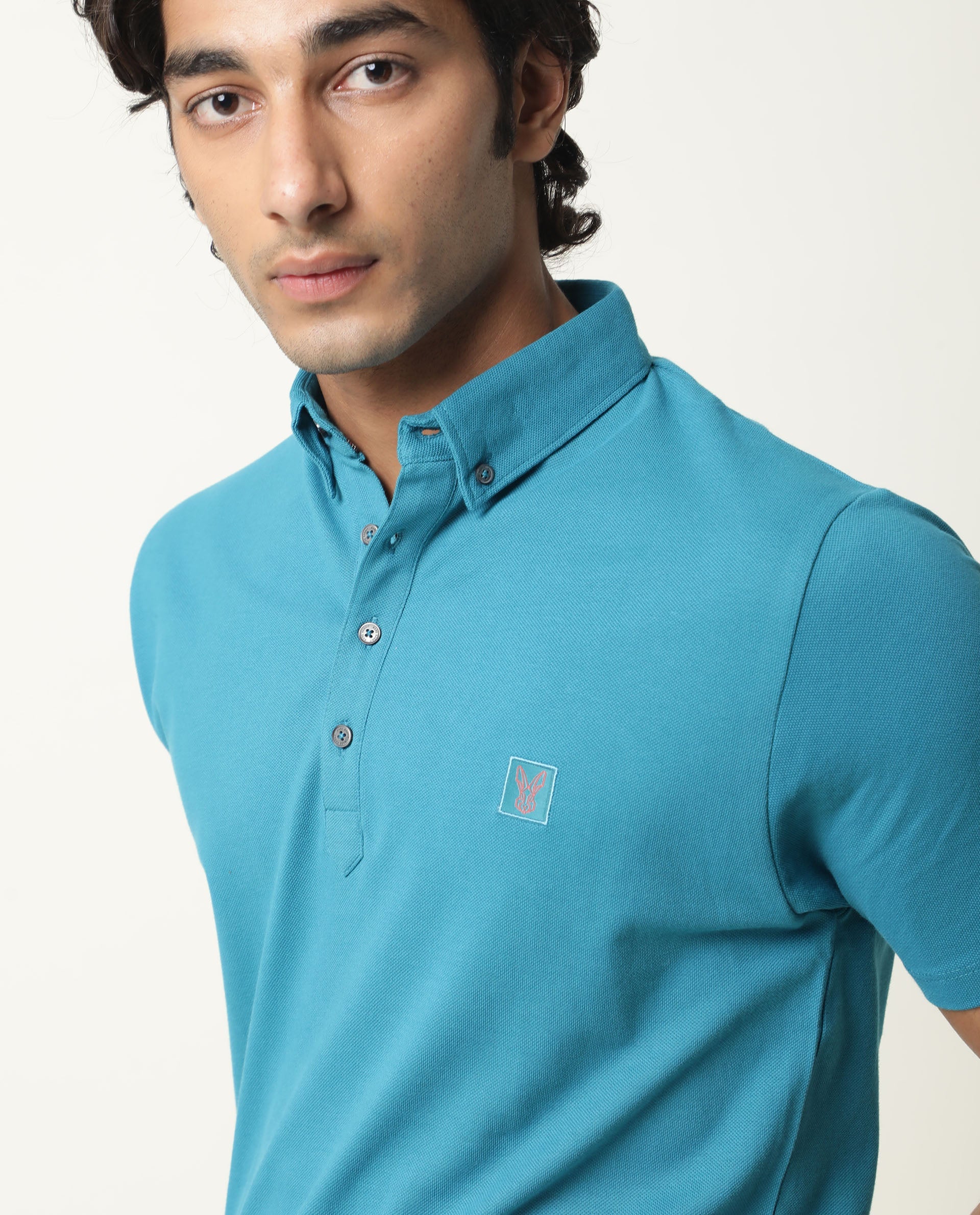 Rare Rabbit Men's Cassini-2 Blue Cotton Fabric Collared Neck Half Sleeves Polo T-Shirt