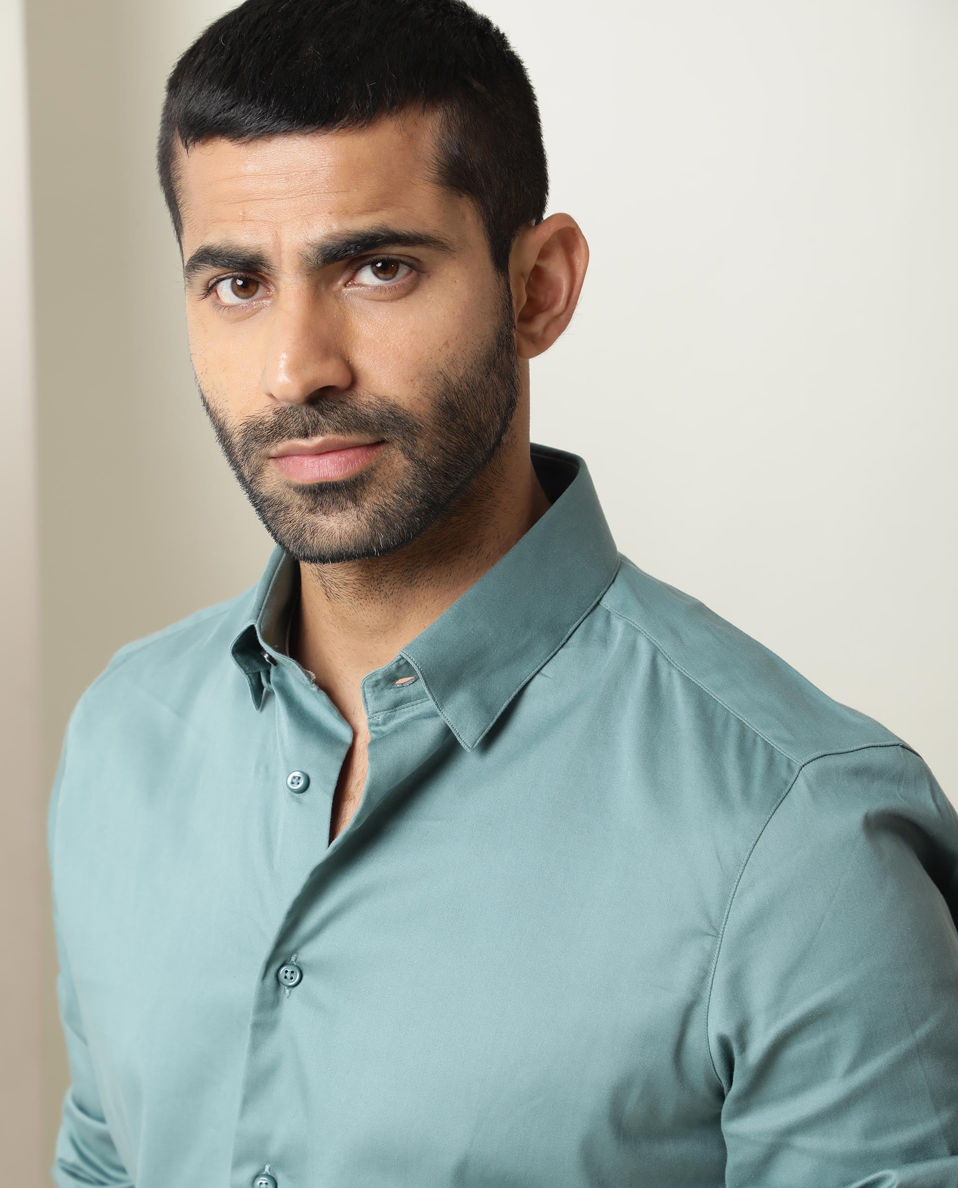 Rare Rabbit Men's Como Green Satin Fabric Button Down Collar Full Sleeves Solid Formal Shirt