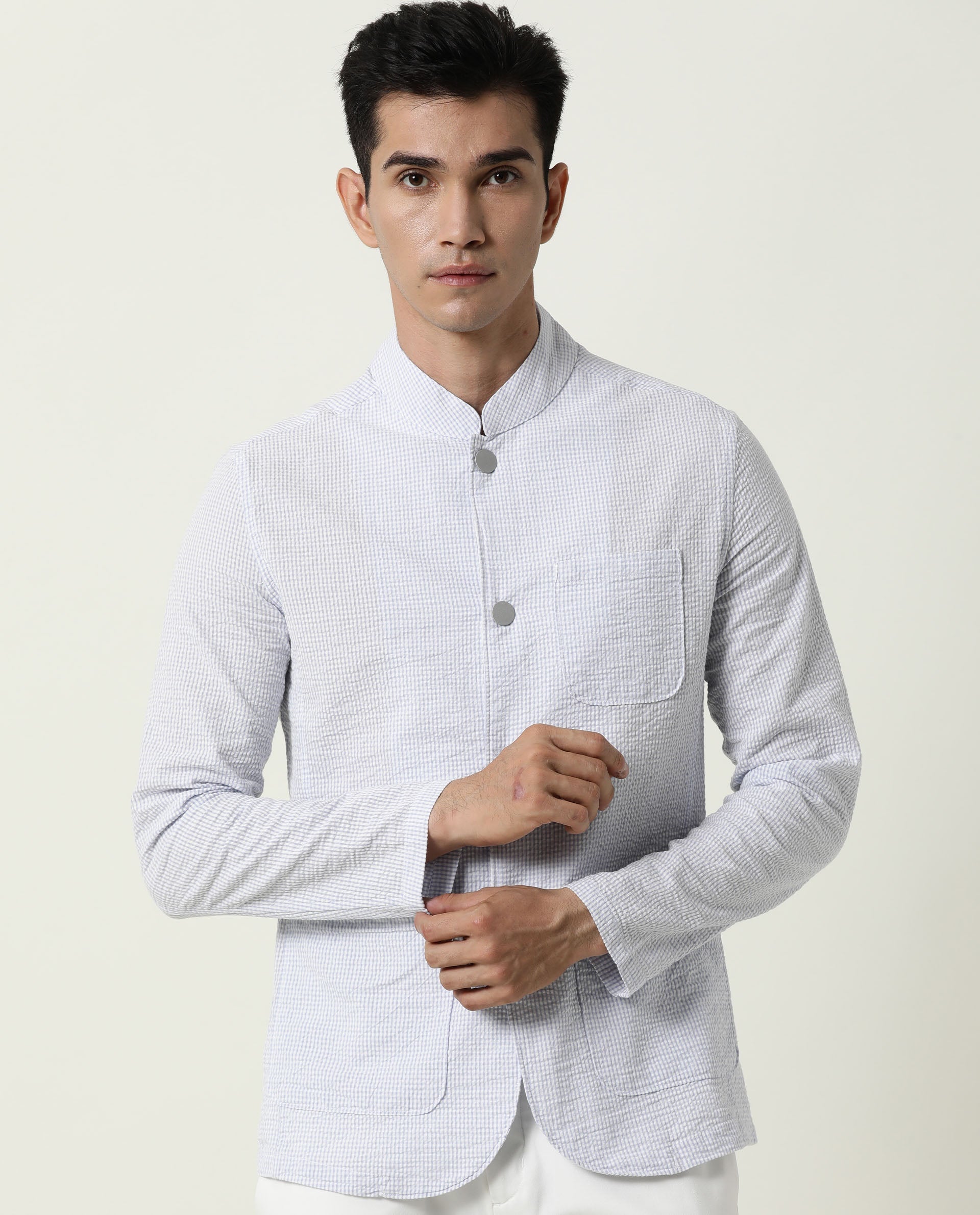 Rare Rabbit Men's Gin Purple Mandarin Collar Checkered Jacket