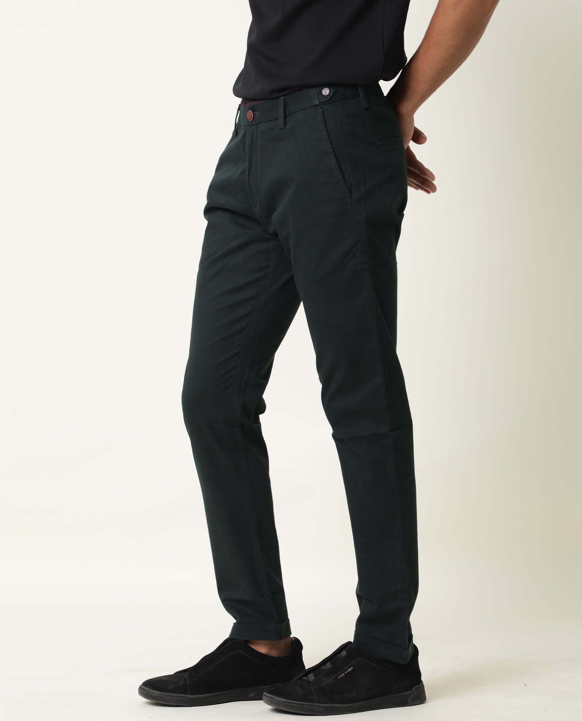 Rare Rabbit Men's Trews-22 Green Solid Mid-Rise Regular Fit Trouser