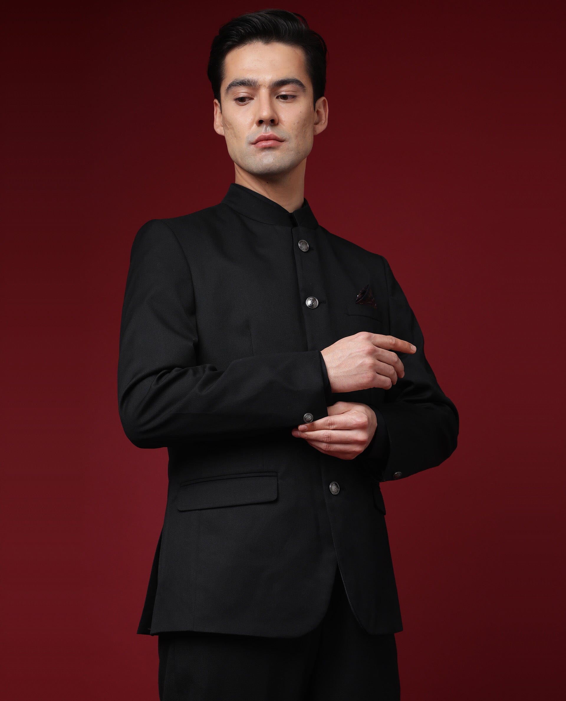 Rare Rabbit Men's Aero Black Polyester Viscose Fabric Mandarin Collar Full Sleeves Button Closure Tailored Fit Bandhgala