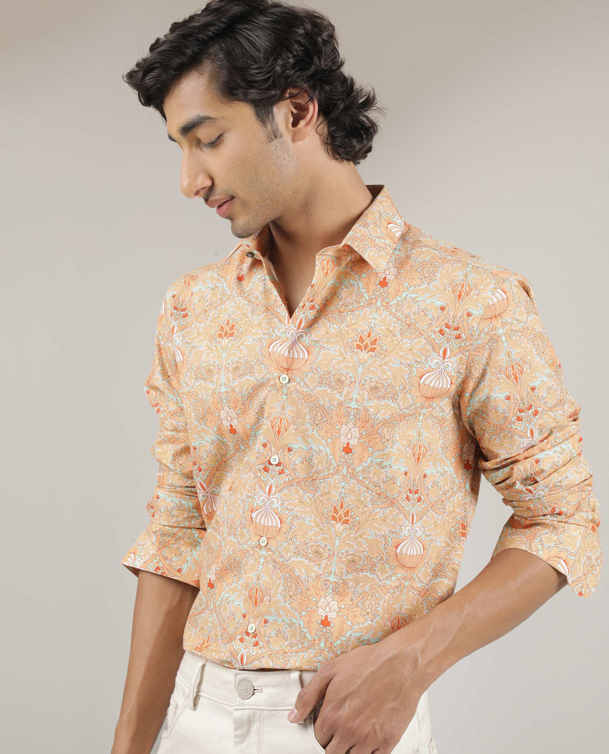 Rare Rabbit Men's Samuel Beige Cotton Fabric Floral Print Full Sleeves Shirt