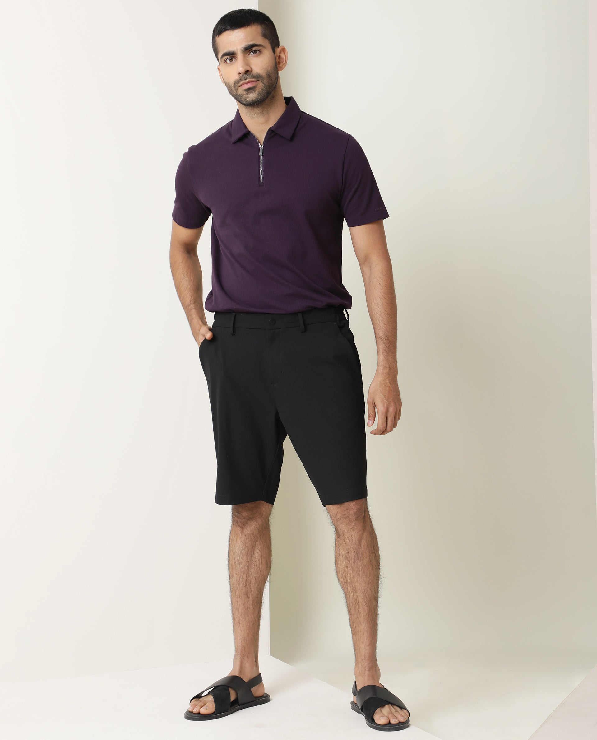 Rare Rabbit Mens Trip Black Mid Rise Regular Fit Solid Shorts