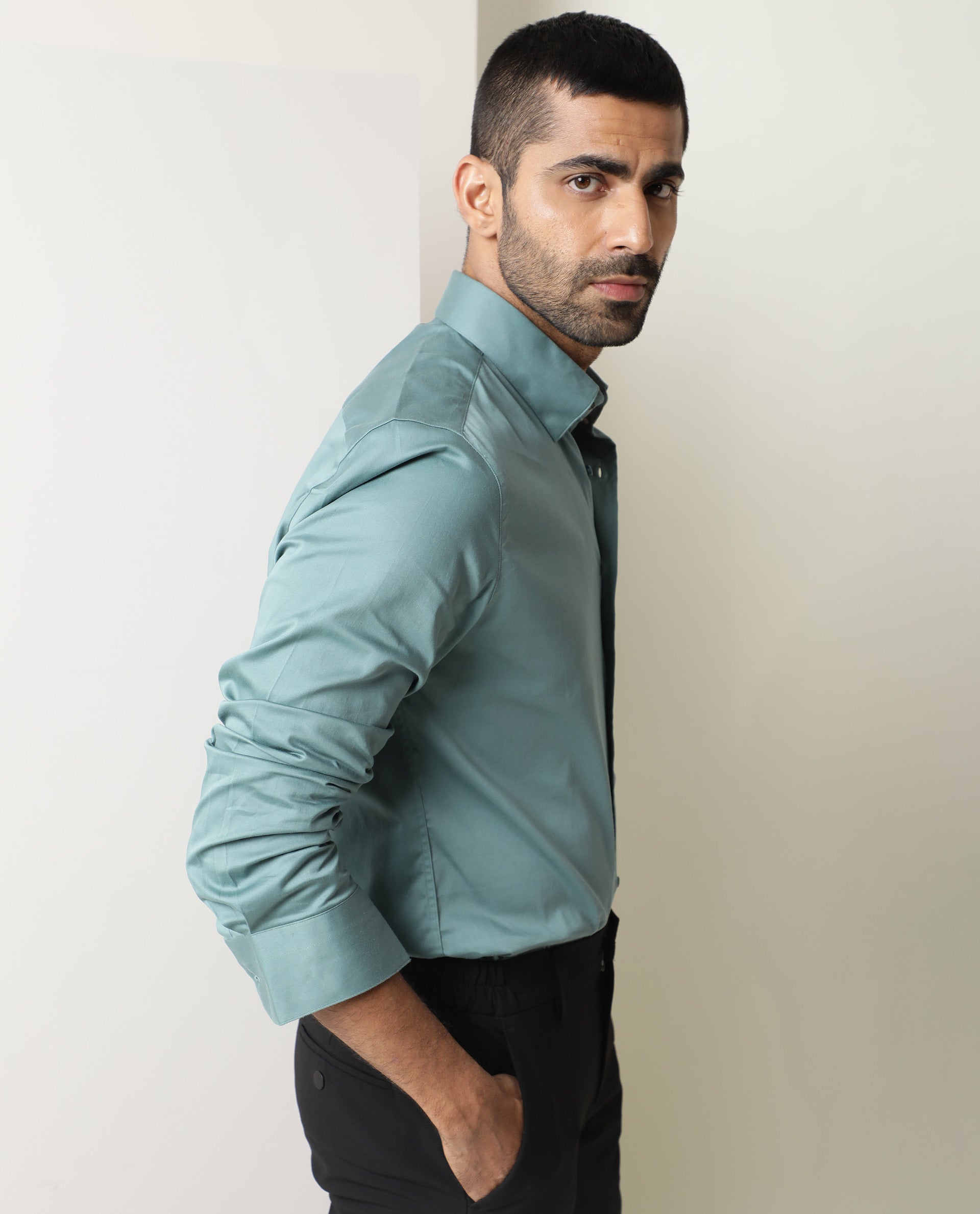 Rare Rabbit Men's Como Green Satin Fabric Button Down Collar Full Sleeves Solid Formal Shirt