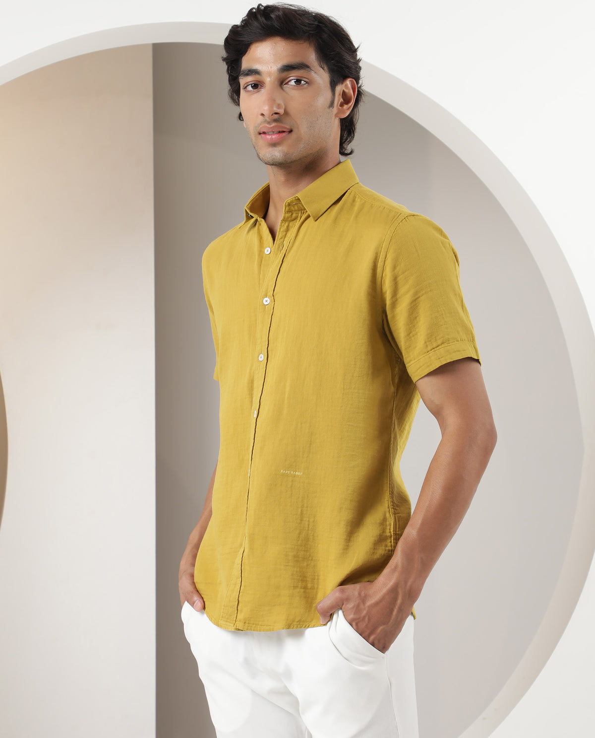 Rare Rabbit Men's Lay Yellow Cotton Fabric Half Sleeves Solid Shirt