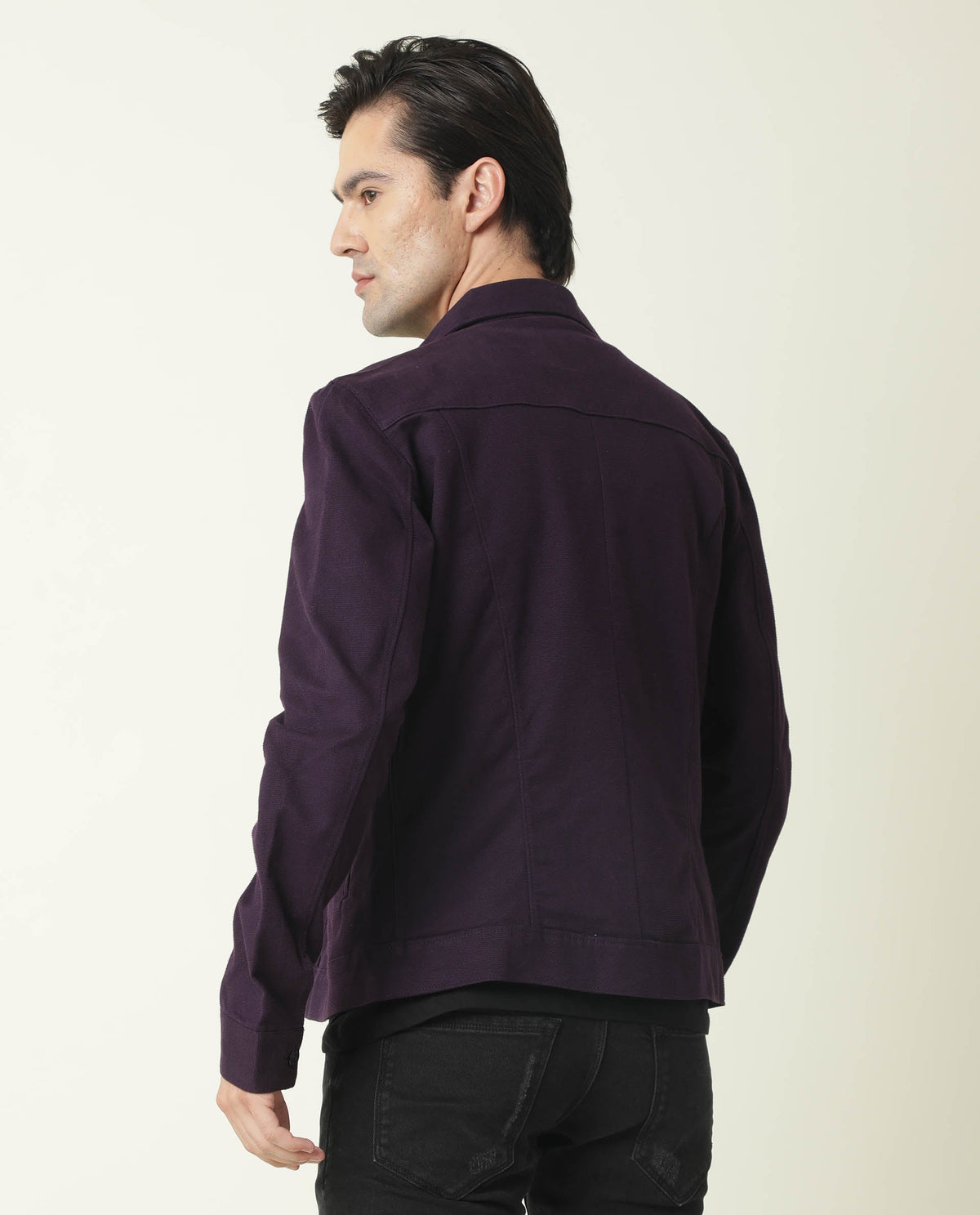 RARE RABBIT MEN'S VINTAGE PURPLE JACKET COTTON FABRIC COLLARED NECK FULL SLEEVES BUTTON CLOSURE SLIM FIT