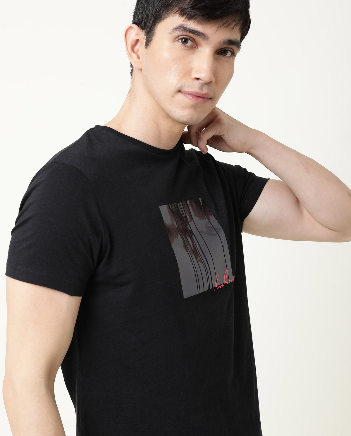 Rare Rabbit Spal Primary Black Crew Neck Graphic Printed Half Sleeves Slim Fit T-Shirt