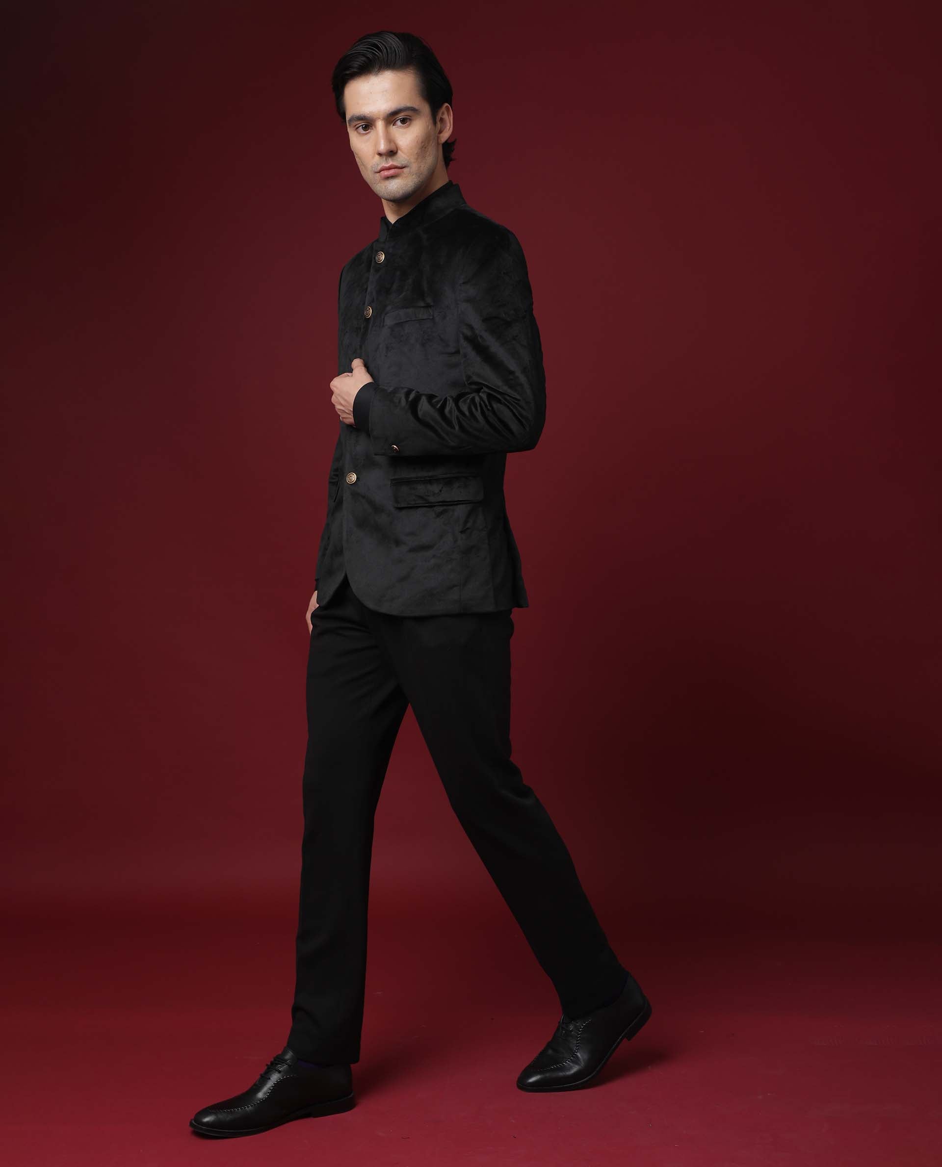 Five-piece Velvet Label Bandhgala Style Suit in Black