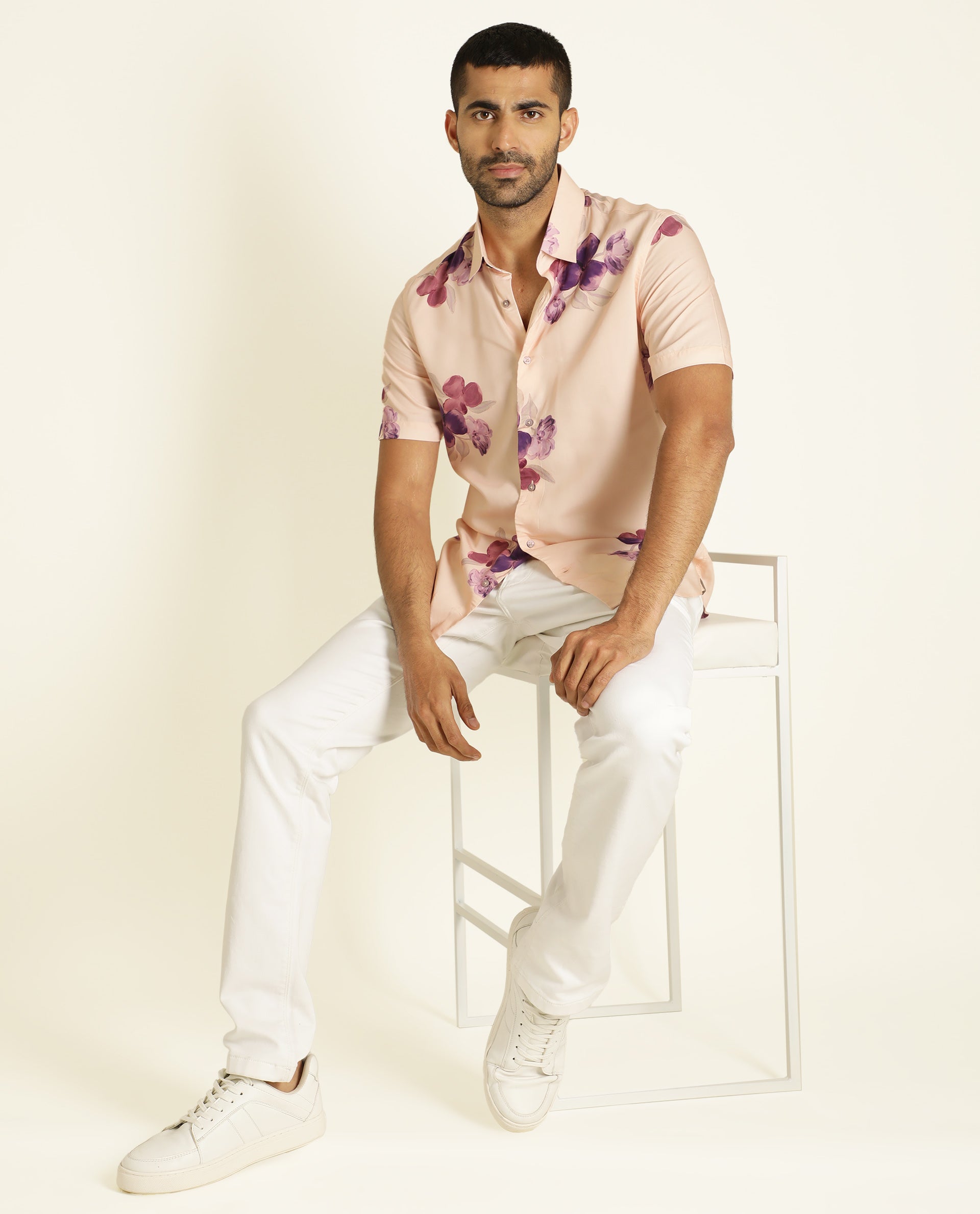 Rare Rabbit Men's Zion Beige Viscose Fabric Floral Print Half Sleeves Shirt