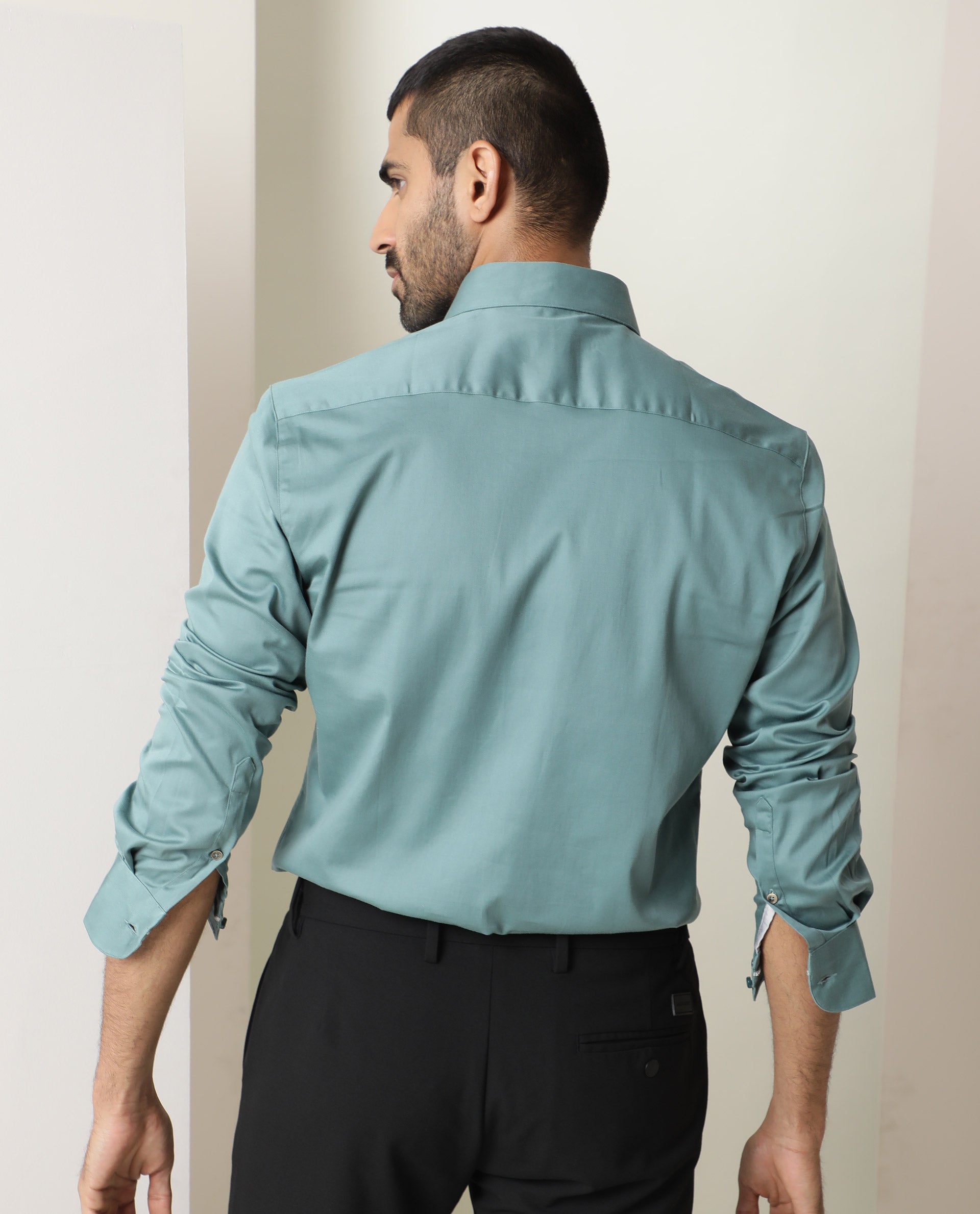 Rare Rabbit Men's Como Green Satin Fabric Button Down Collar Full Sleeves Solid Formal Shirt