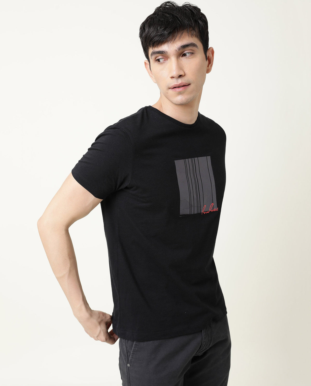 Rare Rabbit Spal Primary Black Crew Neck Graphic Printed Half Sleeves Slim Fit T-Shirt