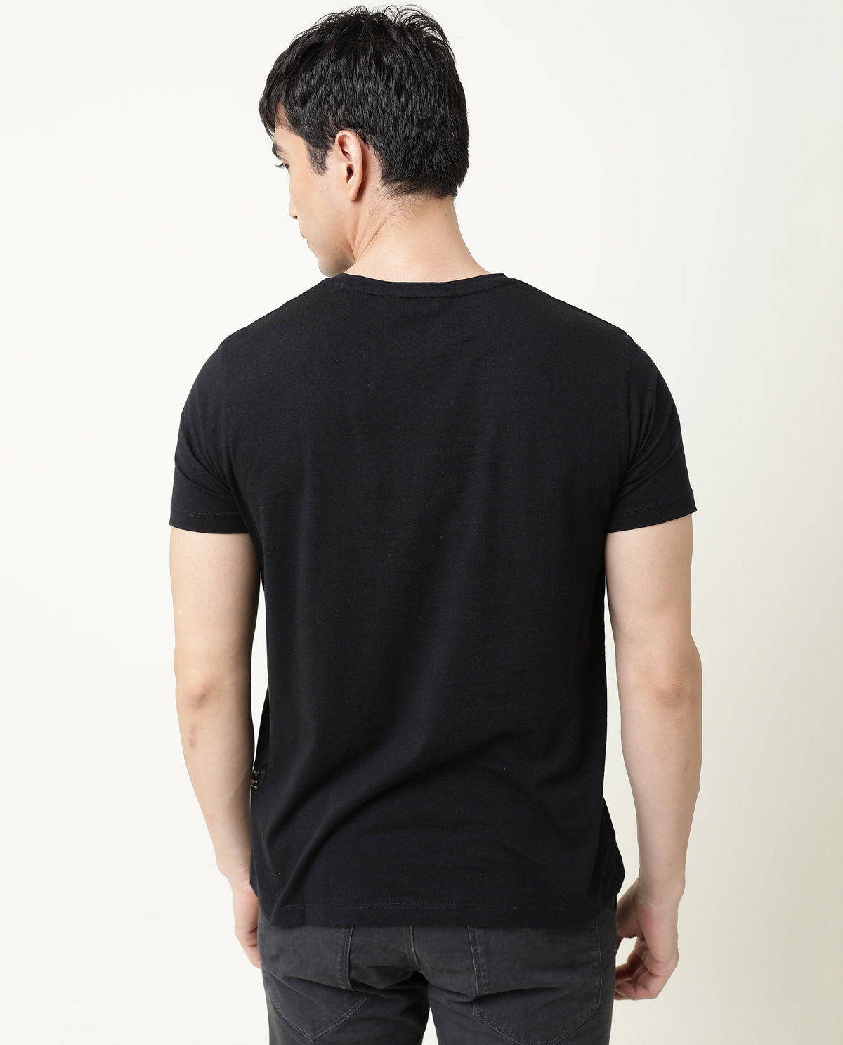 Rare Rabbit Spal Primary Black Crew Neck Graphic Printed Half Sleeves Slim Fit T-Shirt