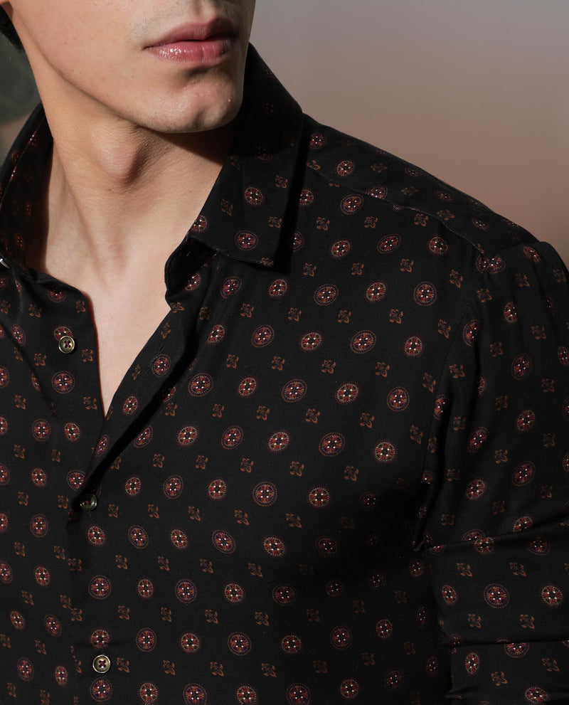 Rare Rabbit Men's Freya Black Modal Fabric Full Sleeves Geometric Print Shirt