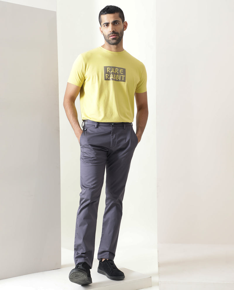Rare Rabbit Men's Seal Yellow Cotton Lycra Fabric Crew Neck Half Sleeves Regular Fit Foil HD Print T-Shirt