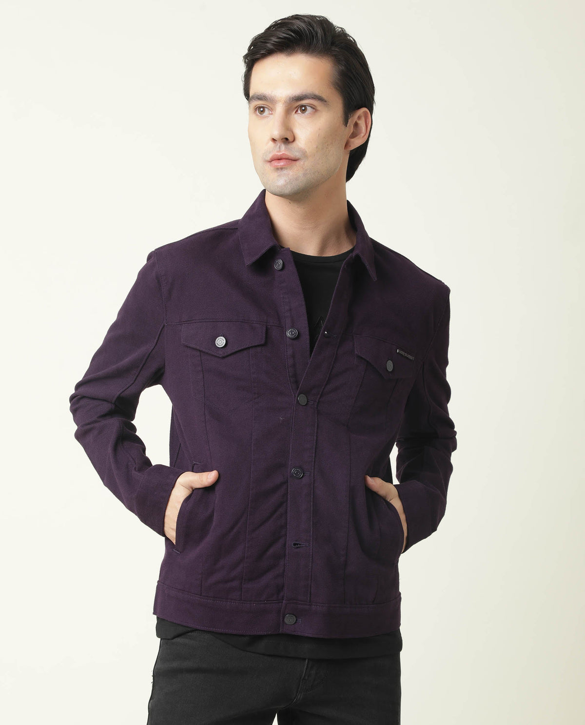 RARE RABBIT MEN'S VINTAGE PURPLE JACKET COTTON FABRIC COLLARED NECK FULL SLEEVES BUTTON CLOSURE SLIM FIT
